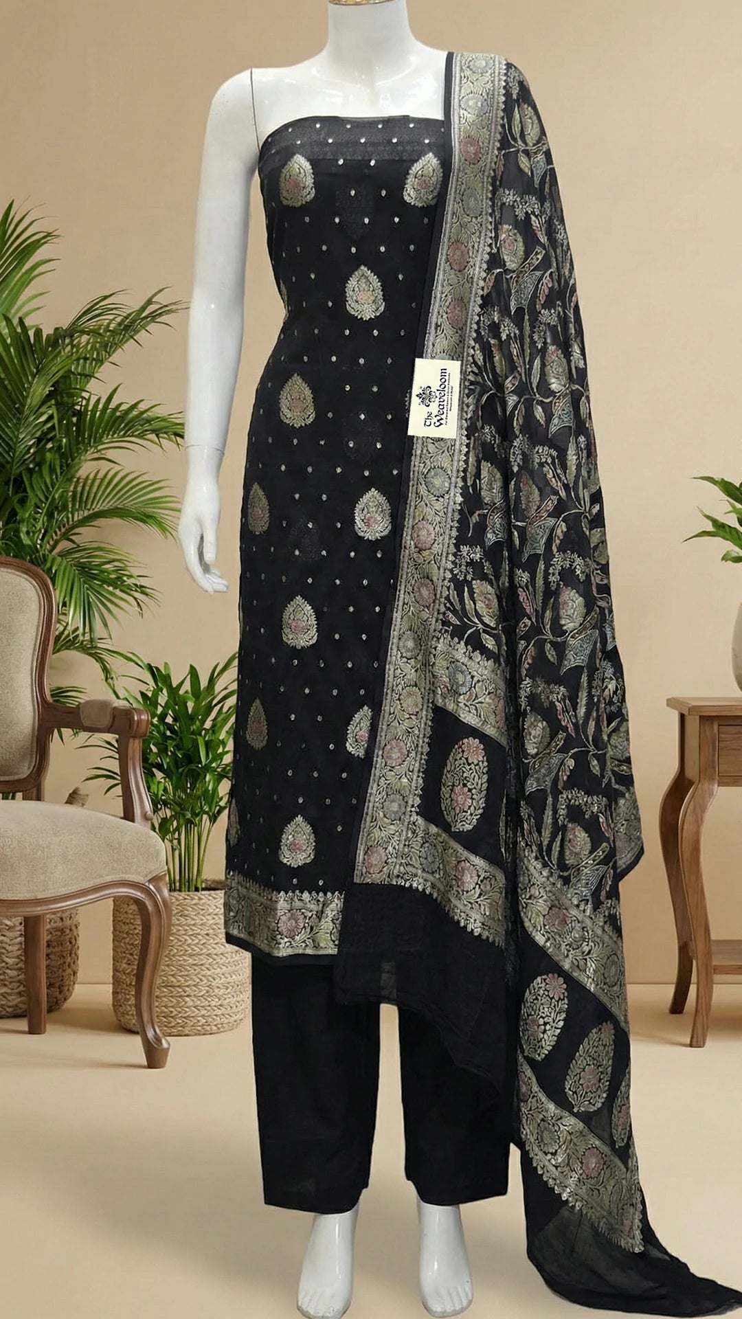 Black Khaddi Georgette Pure Banarasi Dress Material Floral Jaal Dupatta Handbrush Water Zari Work by The Weaveloom