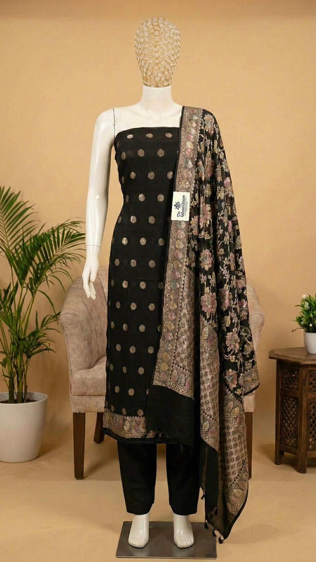 Black Khaddi Georgette Pure Banarasi Dress Material with Handbrush Zari Work by The Weaveloom