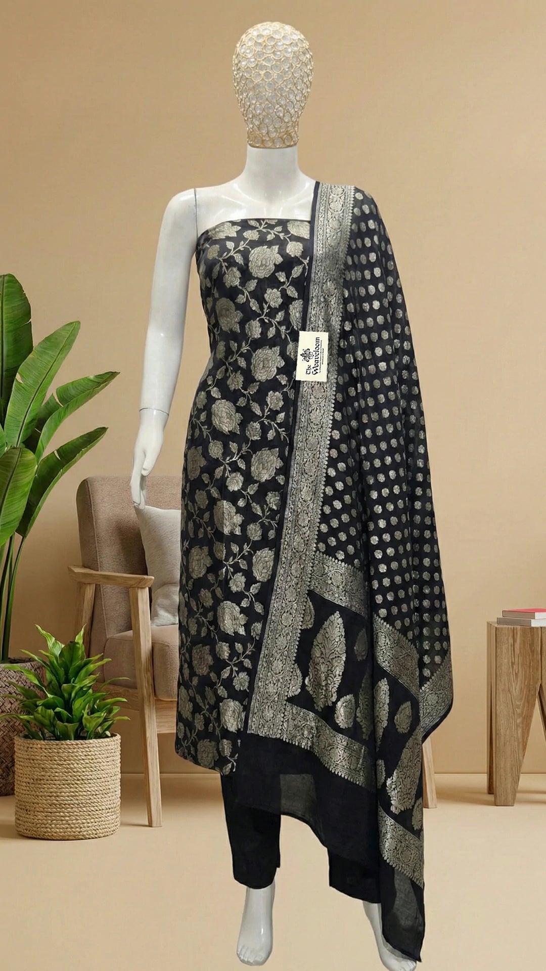 Black Khaddi Georgette Pure Banarasi Dress Material with Silver Water Zari by The Weaveloom