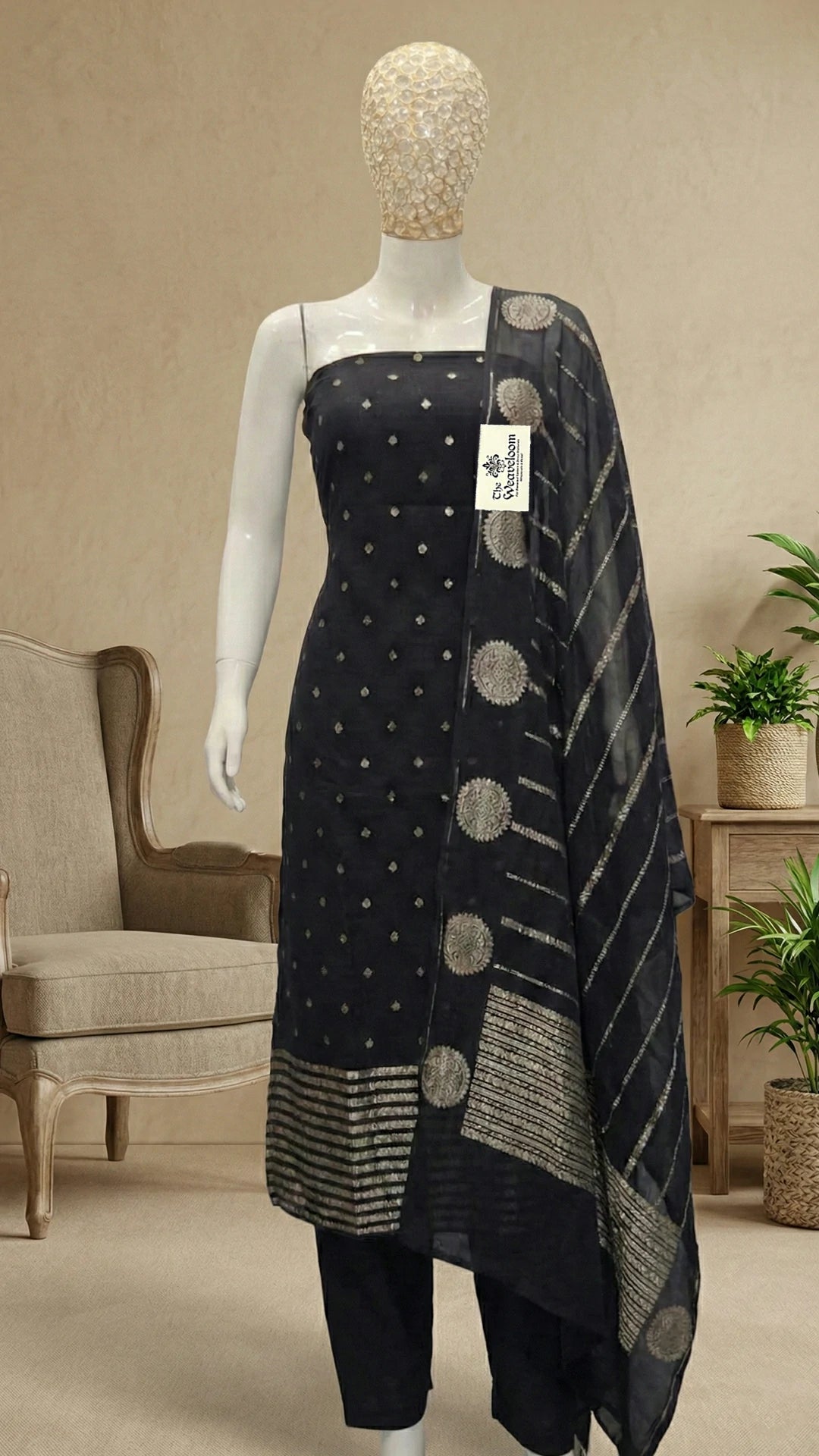 Black Khaddi Georgette Pure Banarasi Dress Material with Water Zari Work