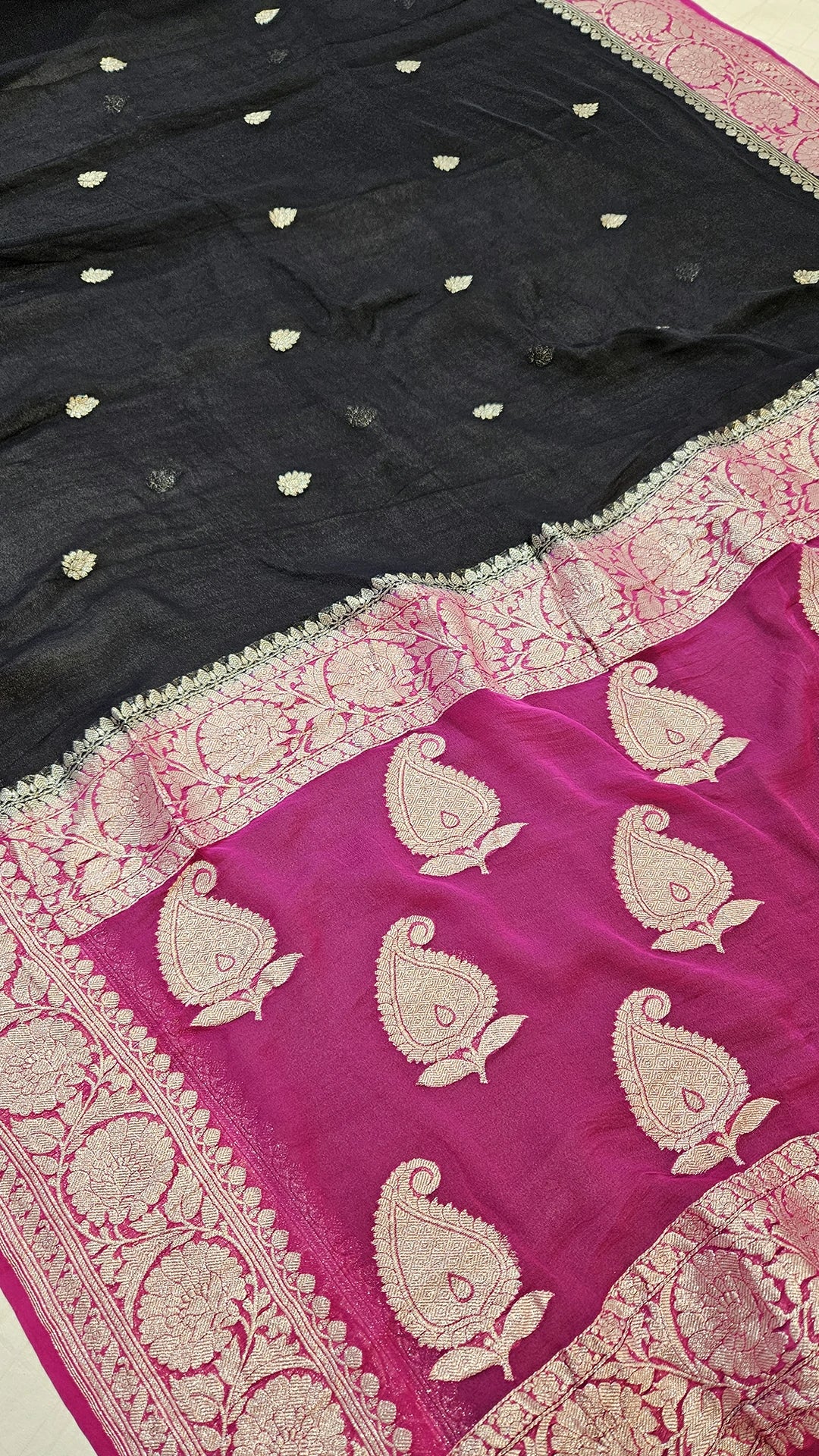 Black Khaddi Georgette Pure Banarasi Saree with Silver Zari Paisley and Pink Border by The Weaveloom