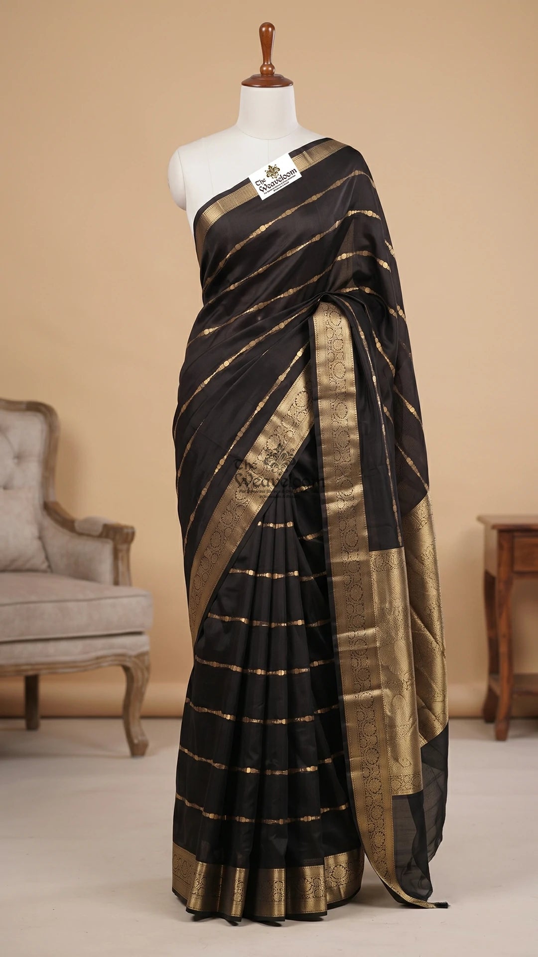 Black Kora Silk Pure Banarasi Saree with Zari Striped Booti Weave by The Weaveloom