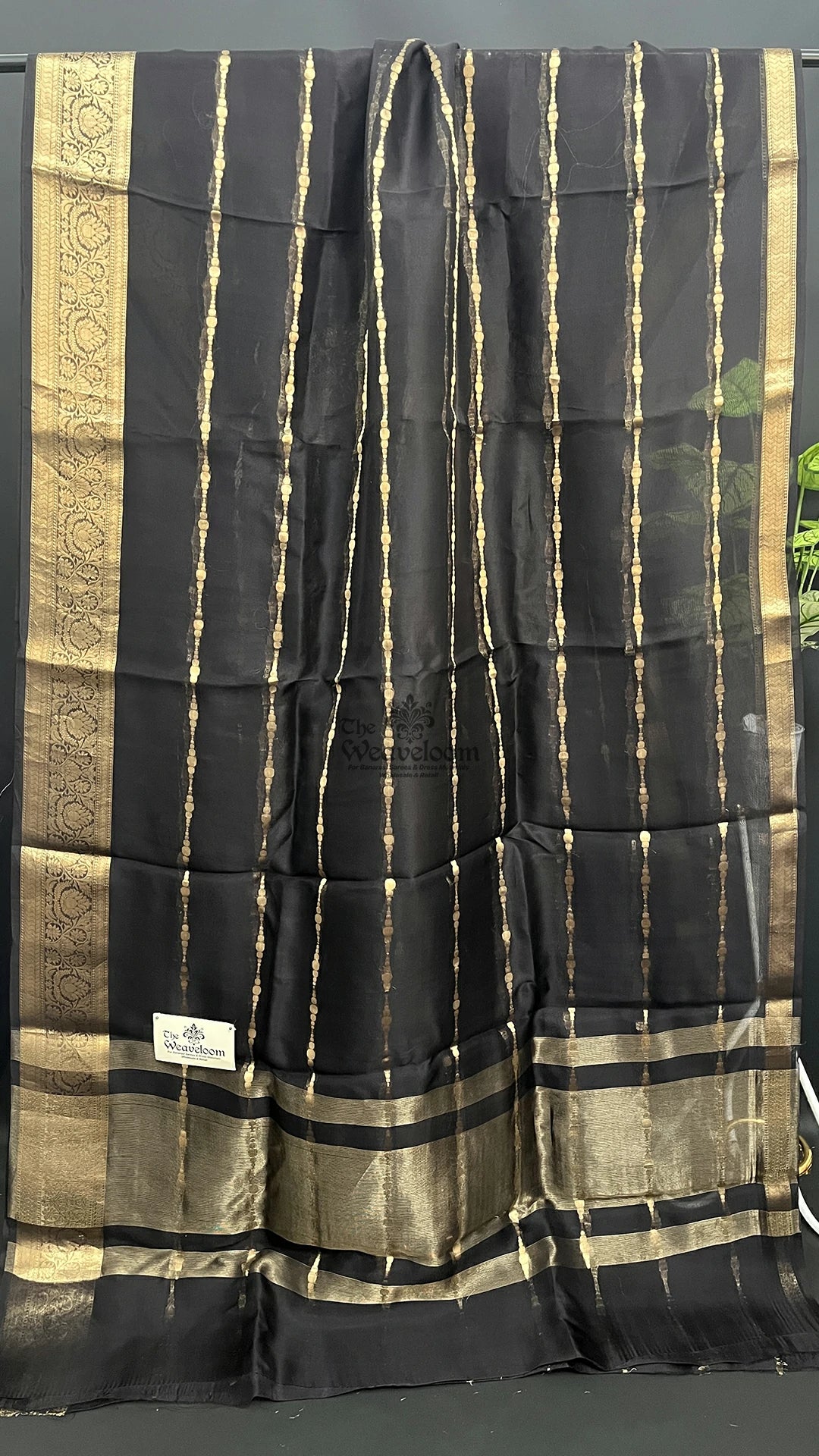 Black Kora Silk Pure Banarasi Saree with Zari Striped Booti Weave by The Weaveloom