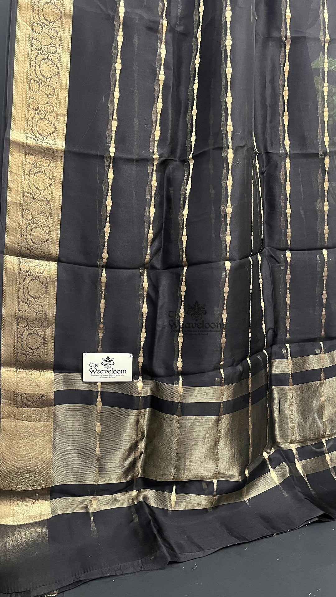 Black Kora Silk Pure Banarasi Saree with Zari Striped Booti Weave by The Weaveloom