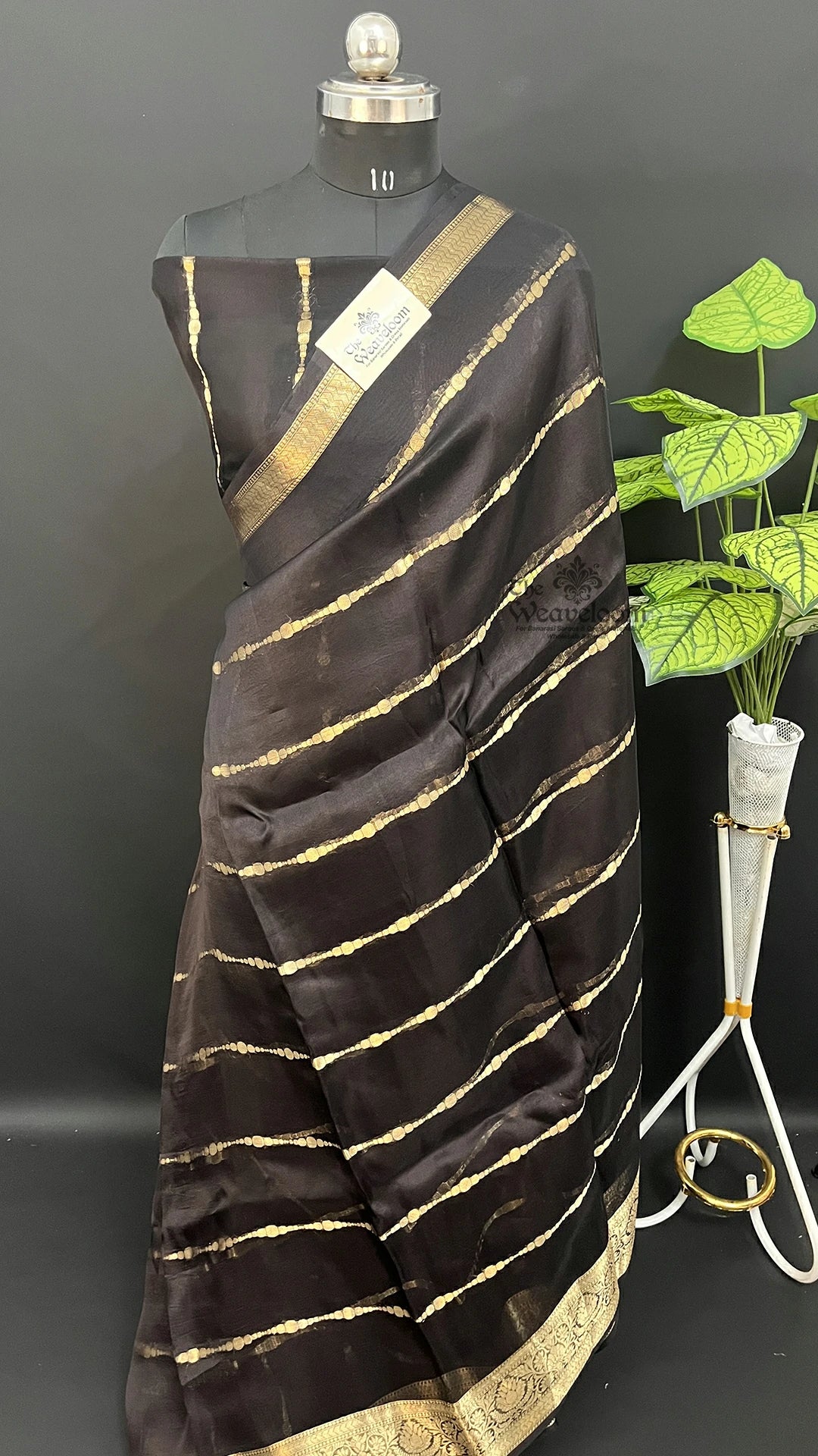 Black Kora Silk Pure Banarasi Saree with Zari Striped Booti Weave by The Weaveloom