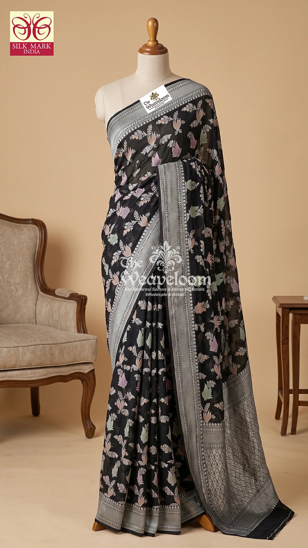 Black Meenakari Floral Butta Khaddi Georgette Pure Banarasi Saree with Silver Zari by The Weaveloom