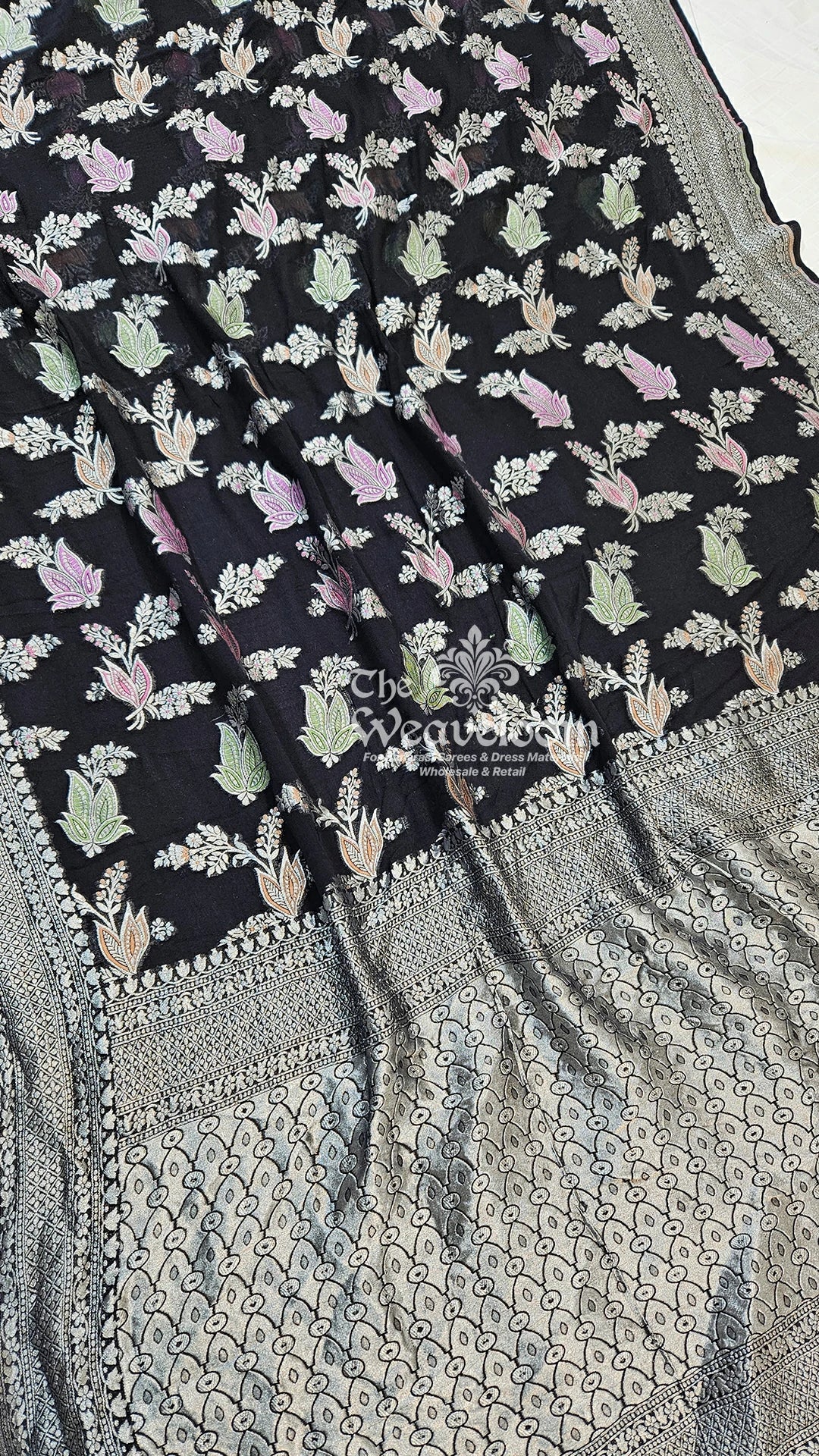 Black Meenakari Floral Butta Khaddi Georgette Pure Banarasi Saree with Silver Zari by The Weaveloom