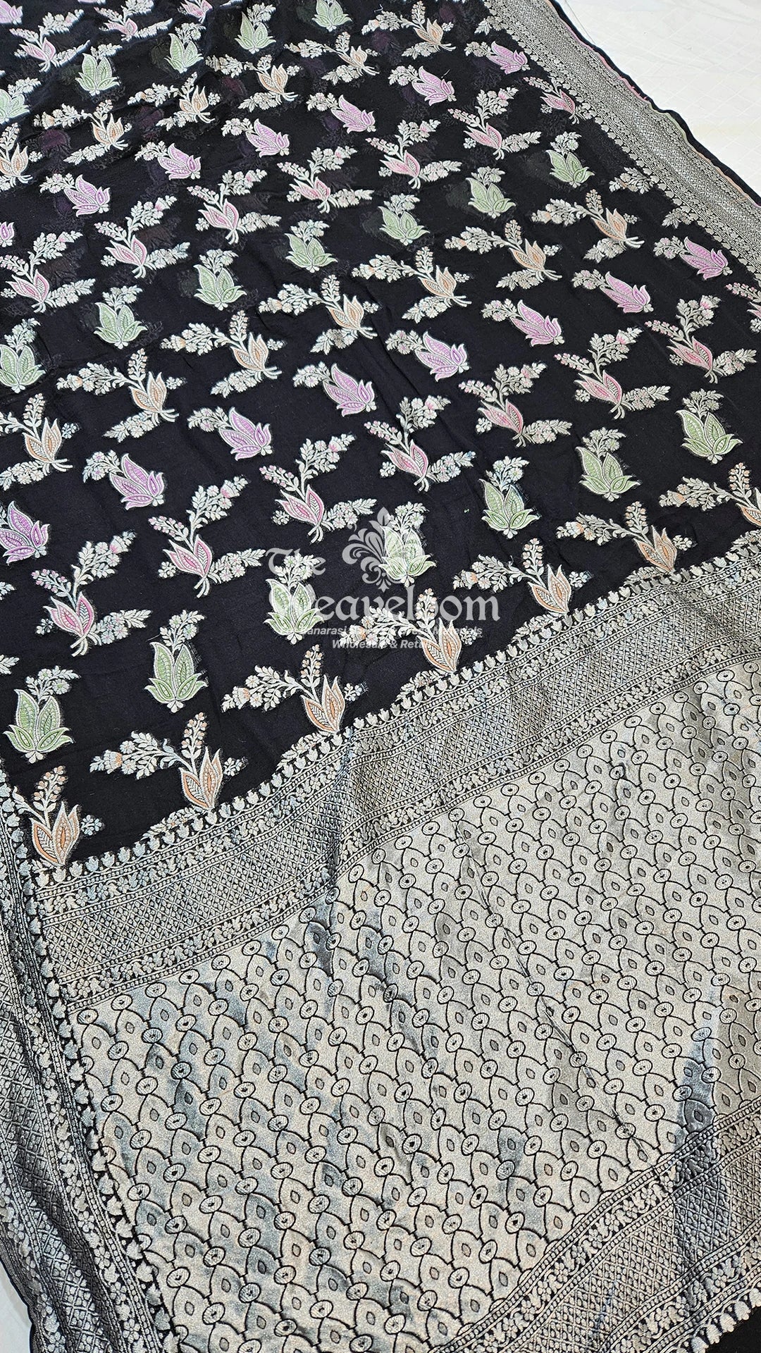 Black Meenakari Floral Butta Khaddi Georgette Pure Banarasi Saree with Silver Zari by The Weaveloom
