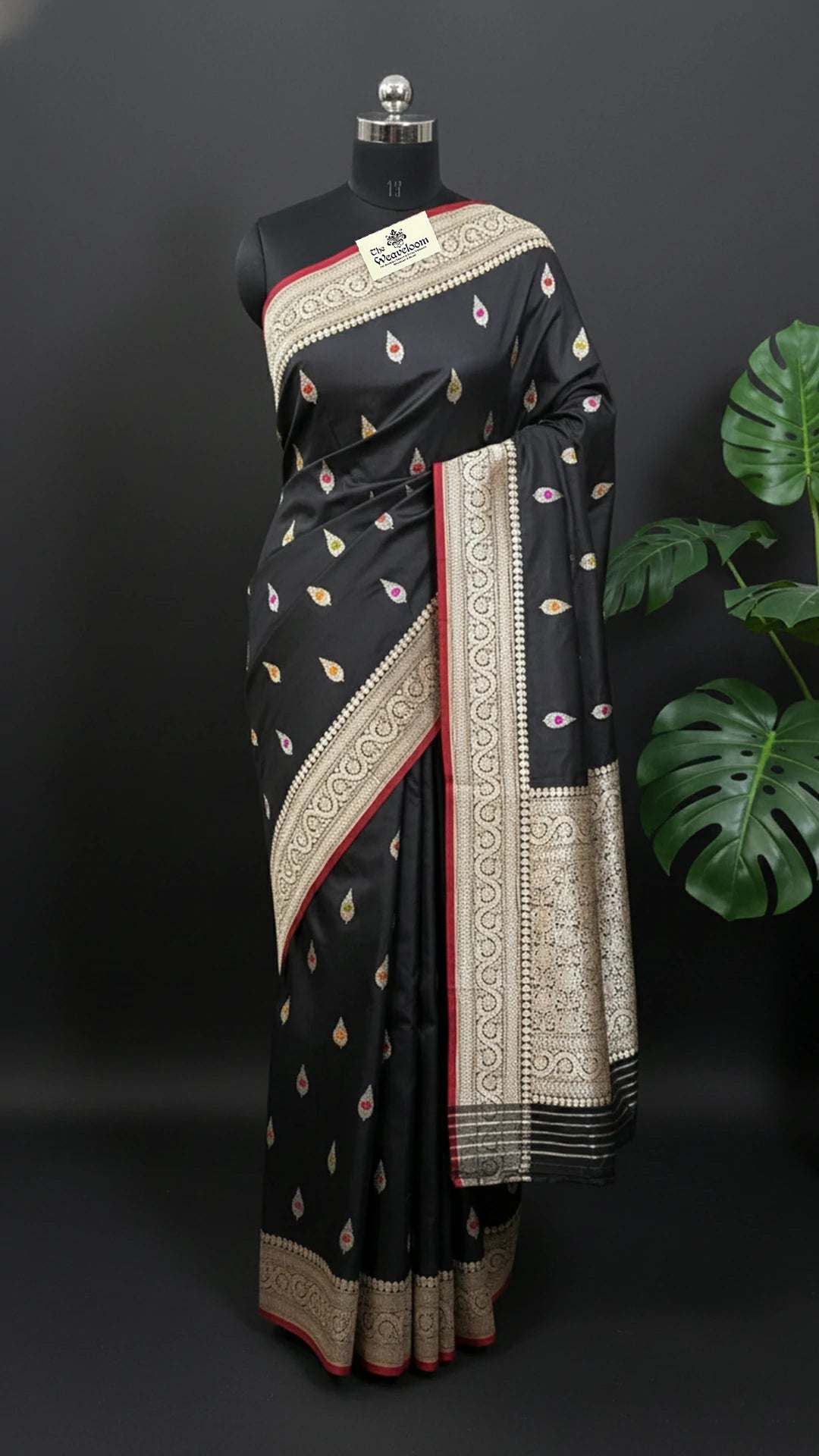 Black Pure Katan Silk Handloom Banarasi Saree with Meenakari Leaf Booti & Silver Zari Border by The Weaveloom