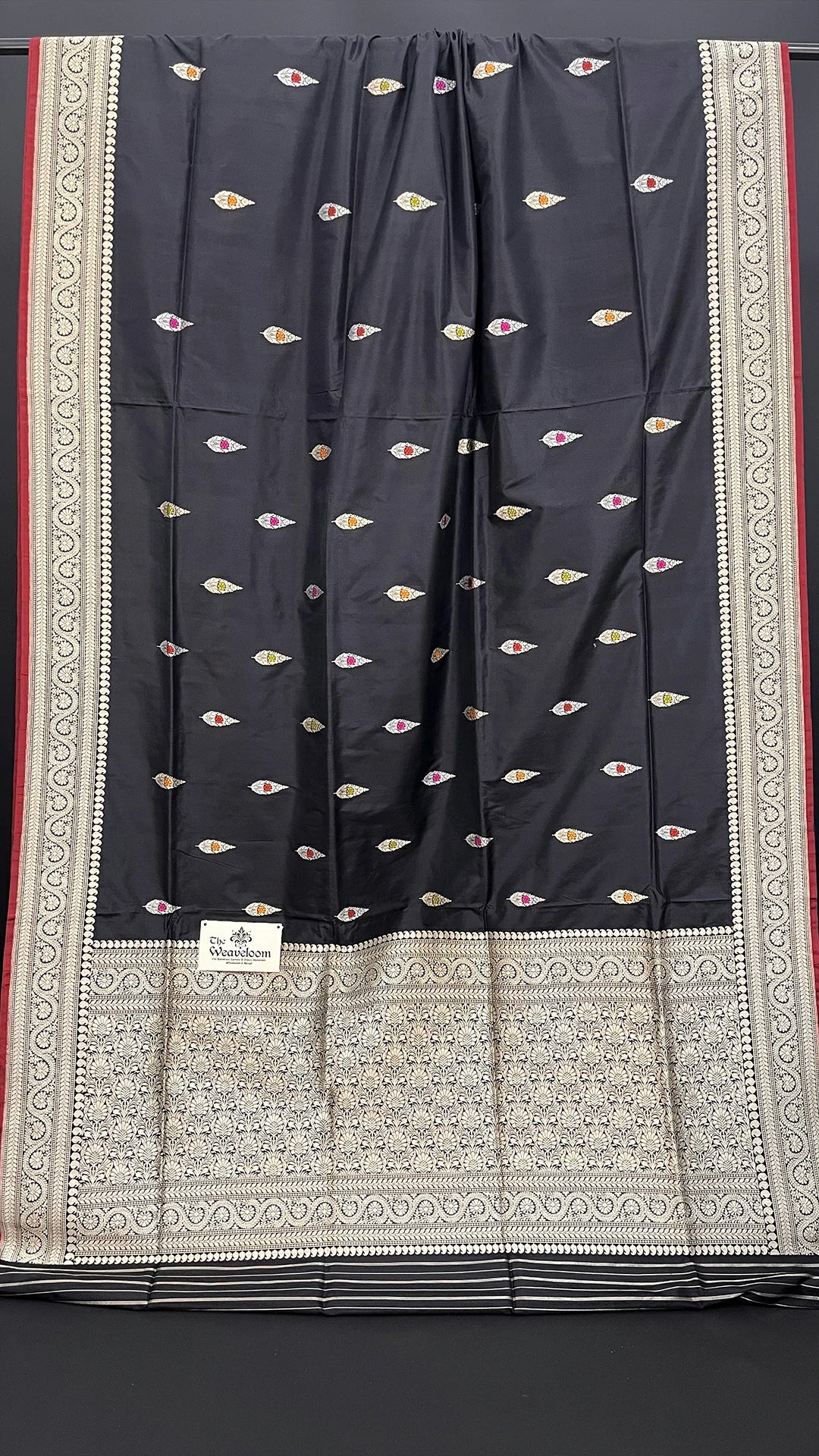 Black Pure Katan Silk Handloom Banarasi Saree with Meenakari Leaf Booti & Silver Zari Border by The Weaveloom