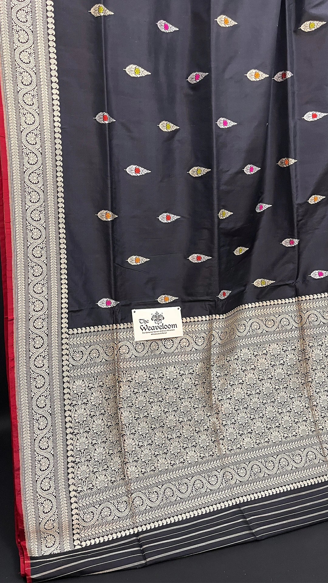 Black Pure Katan Silk Handloom Banarasi Saree with Meenakari Leaf Booti & Silver Zari Border by The Weaveloom