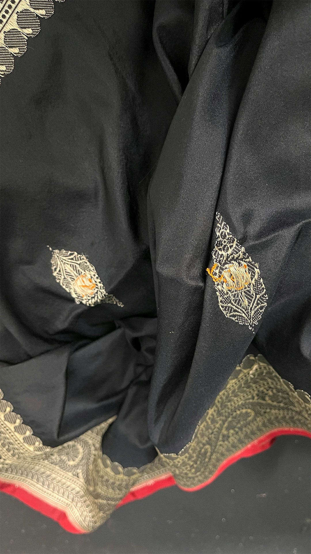 Black Pure Katan Silk Handloom Banarasi Saree with Meenakari Leaf Booti & Silver Zari Border by The Weaveloom