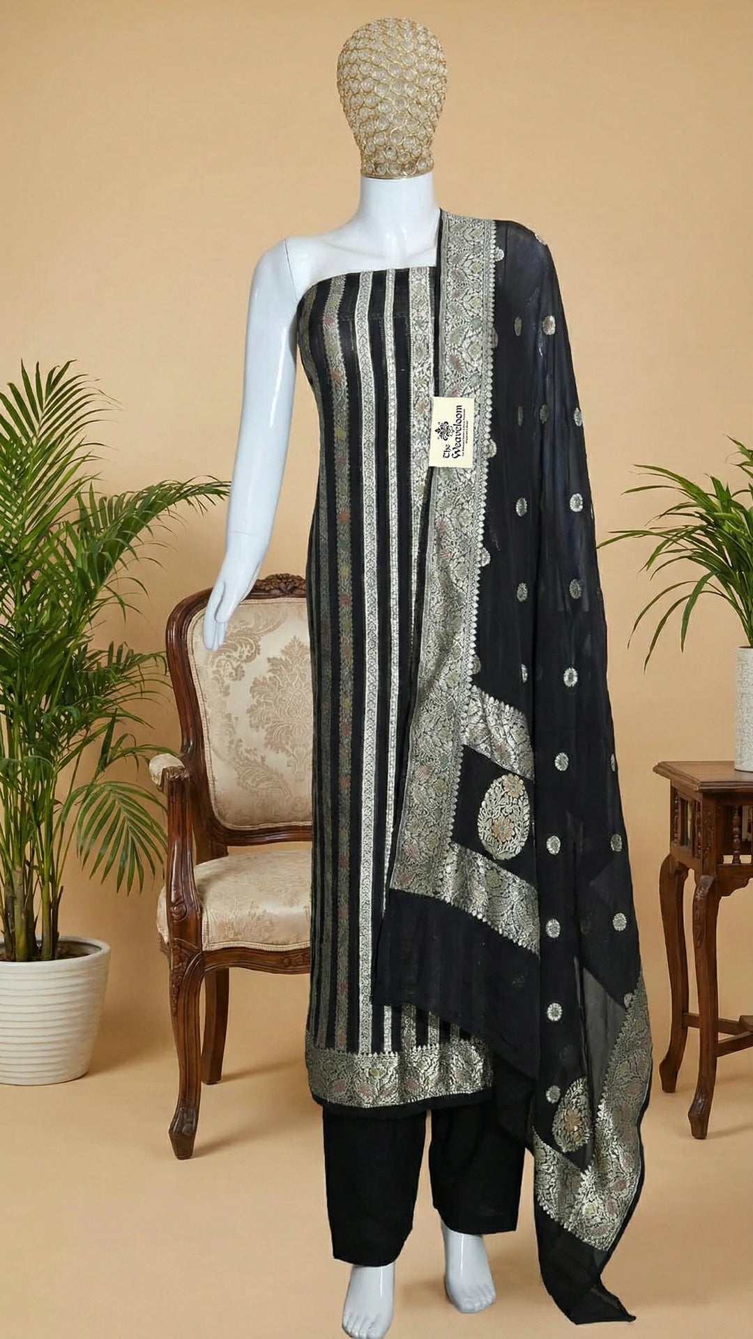Black Pure Khaddi Georgette Banarasi Dress Material with Water Zari by The Weaveloom