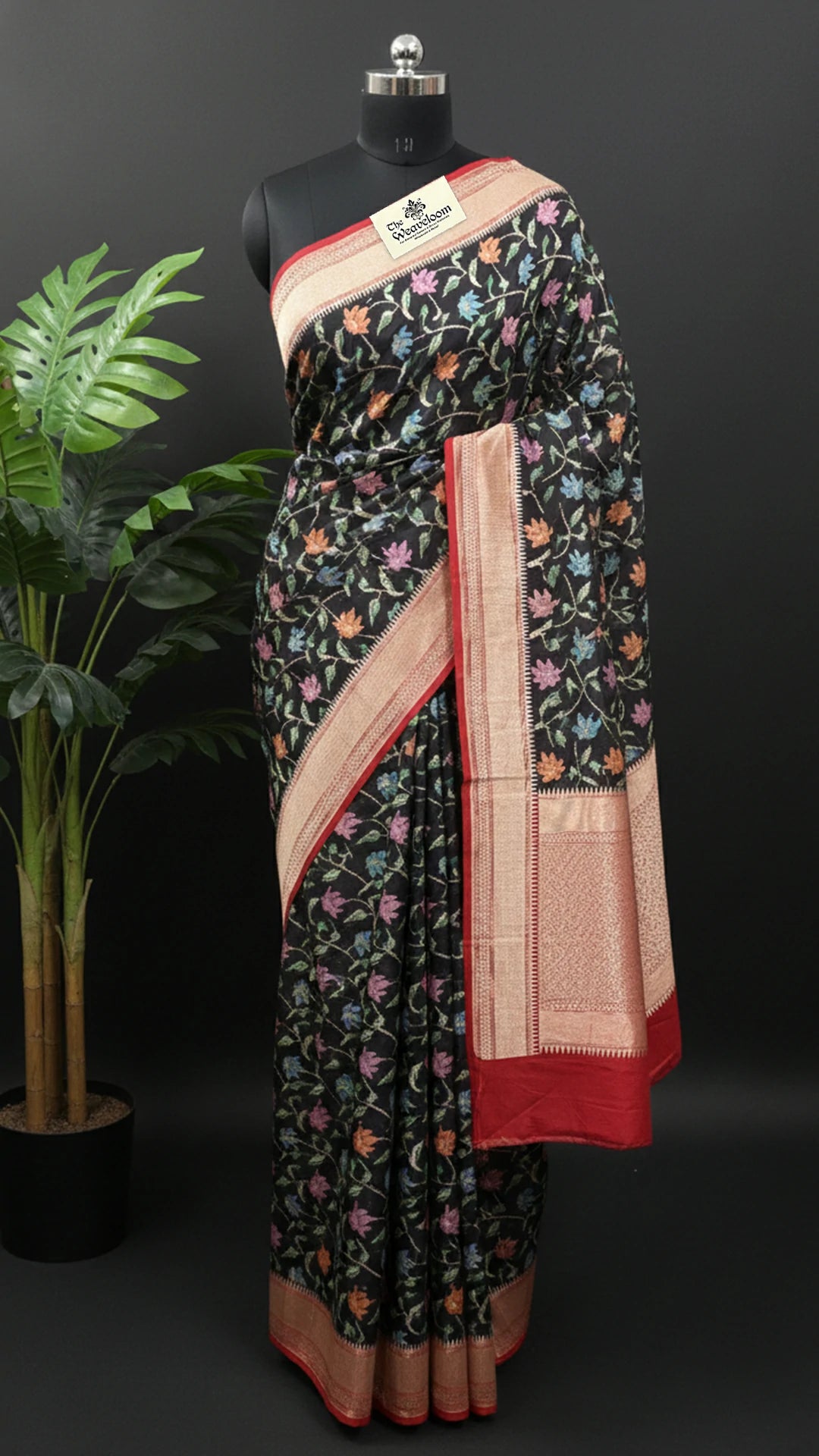 Black Pure Munga Silk Banarasi Saree with Multicolor Meenakari Floral Jaal and Rich Zari Border by The Weaveloom