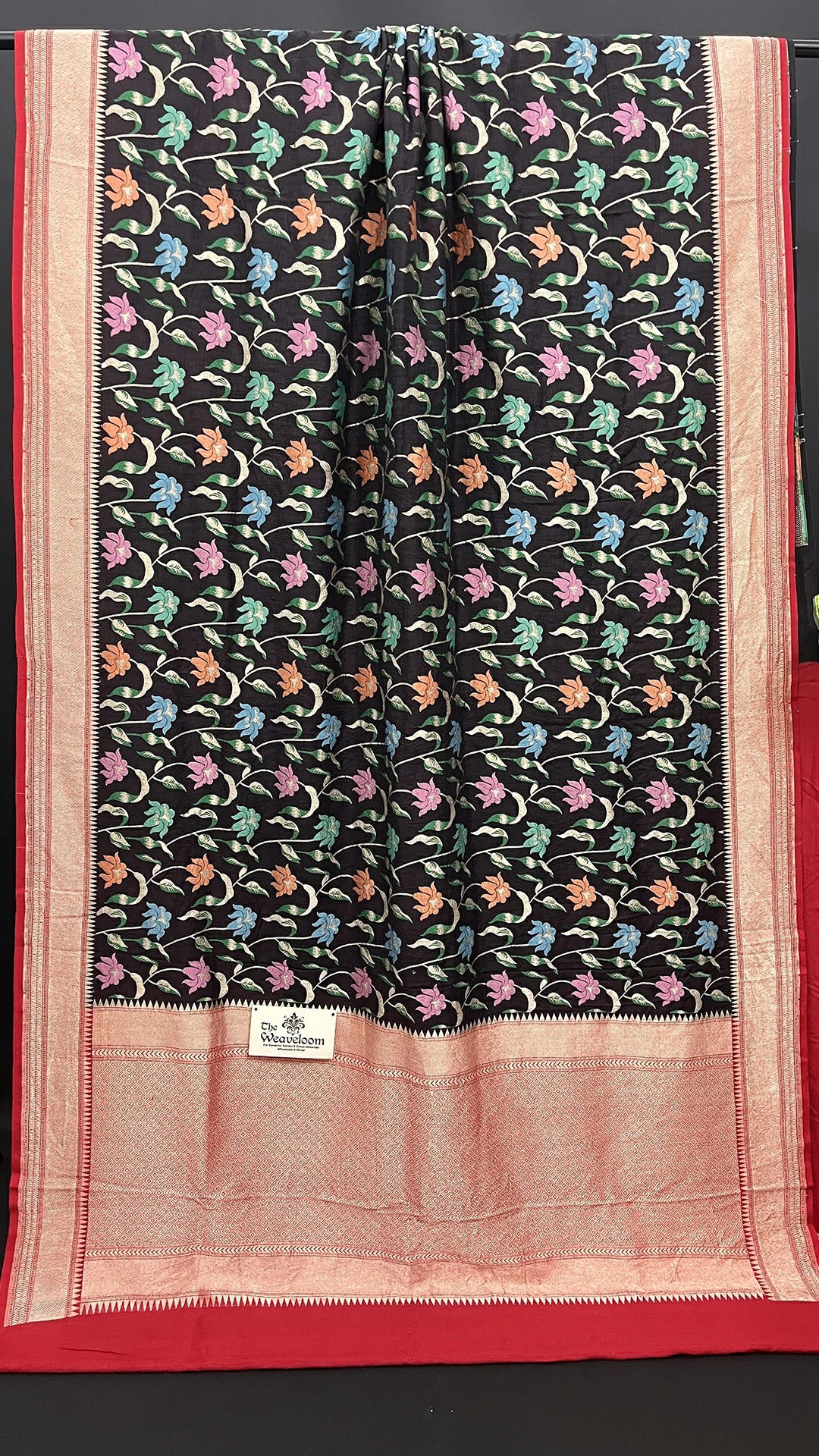 Black Pure Munga Silk Banarasi Saree with Multicolor Meenakari Floral Jaal and Rich Zari Border by The Weaveloom