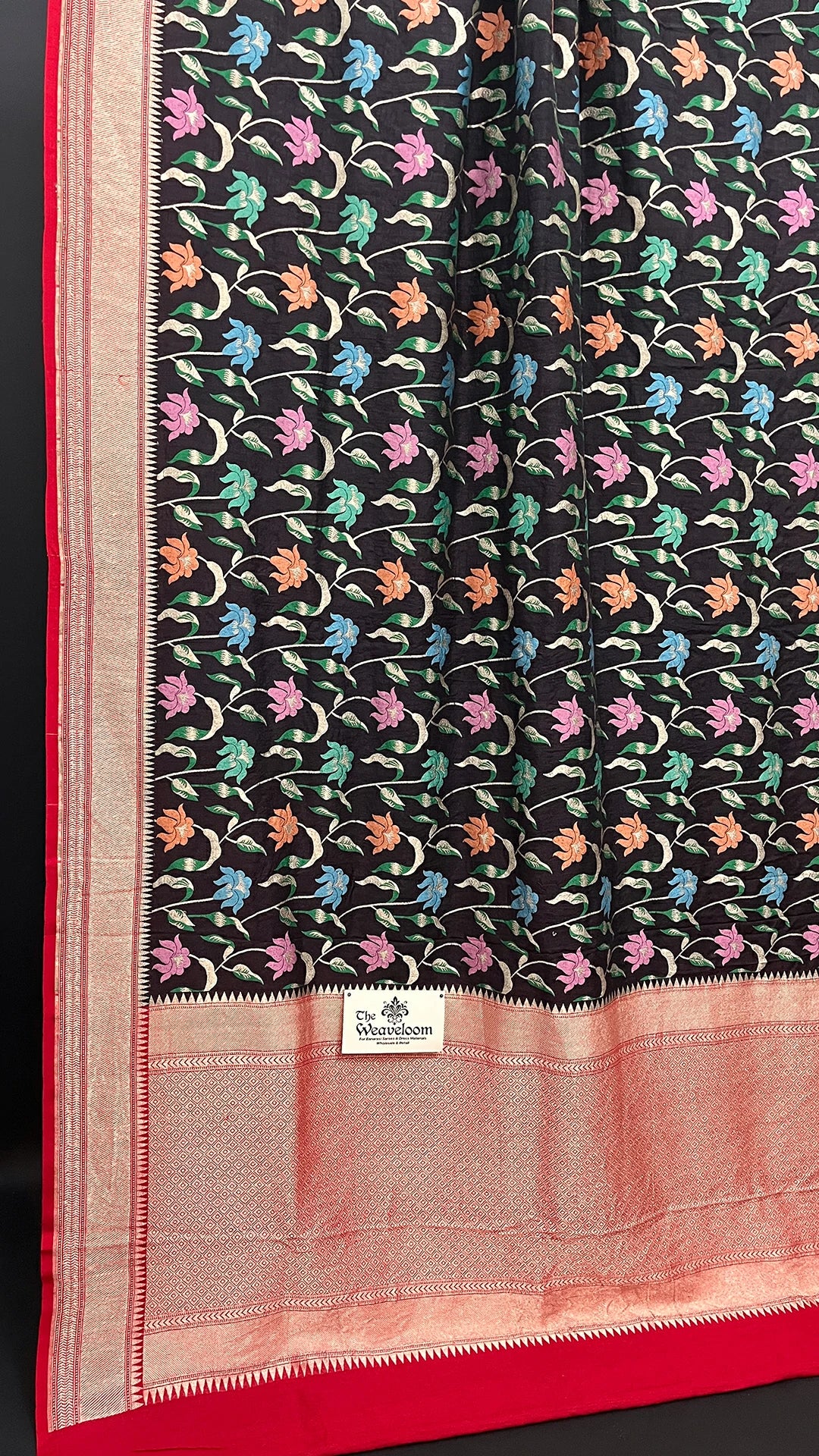 Black Pure Munga Silk Banarasi Saree with Multicolor Meenakari Floral Jaal and Rich Zari Border by The Weaveloom