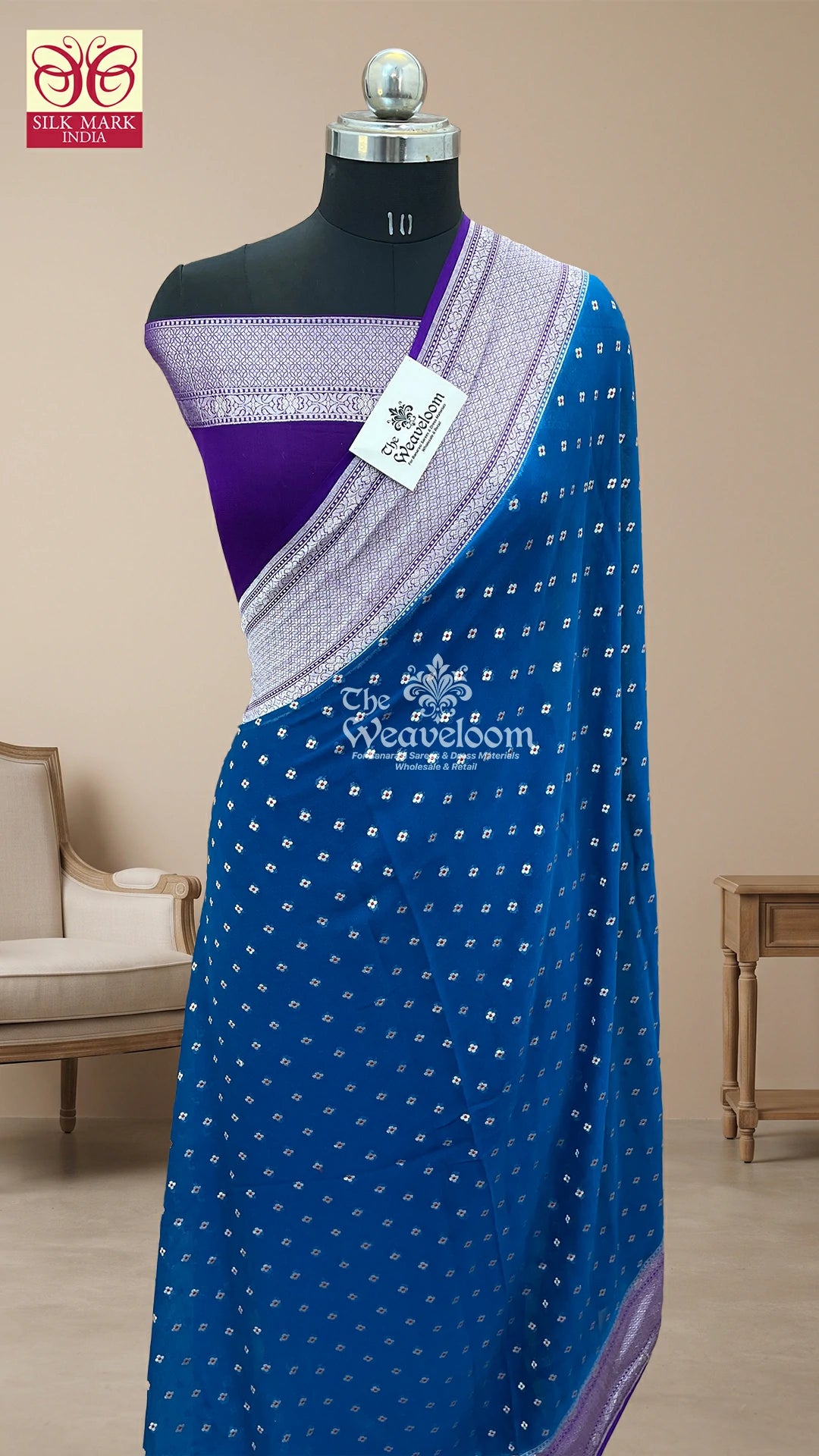Blue contrast silver zari floral buti Khaddi Georgette pure Banarasi saree by The Weaveloom