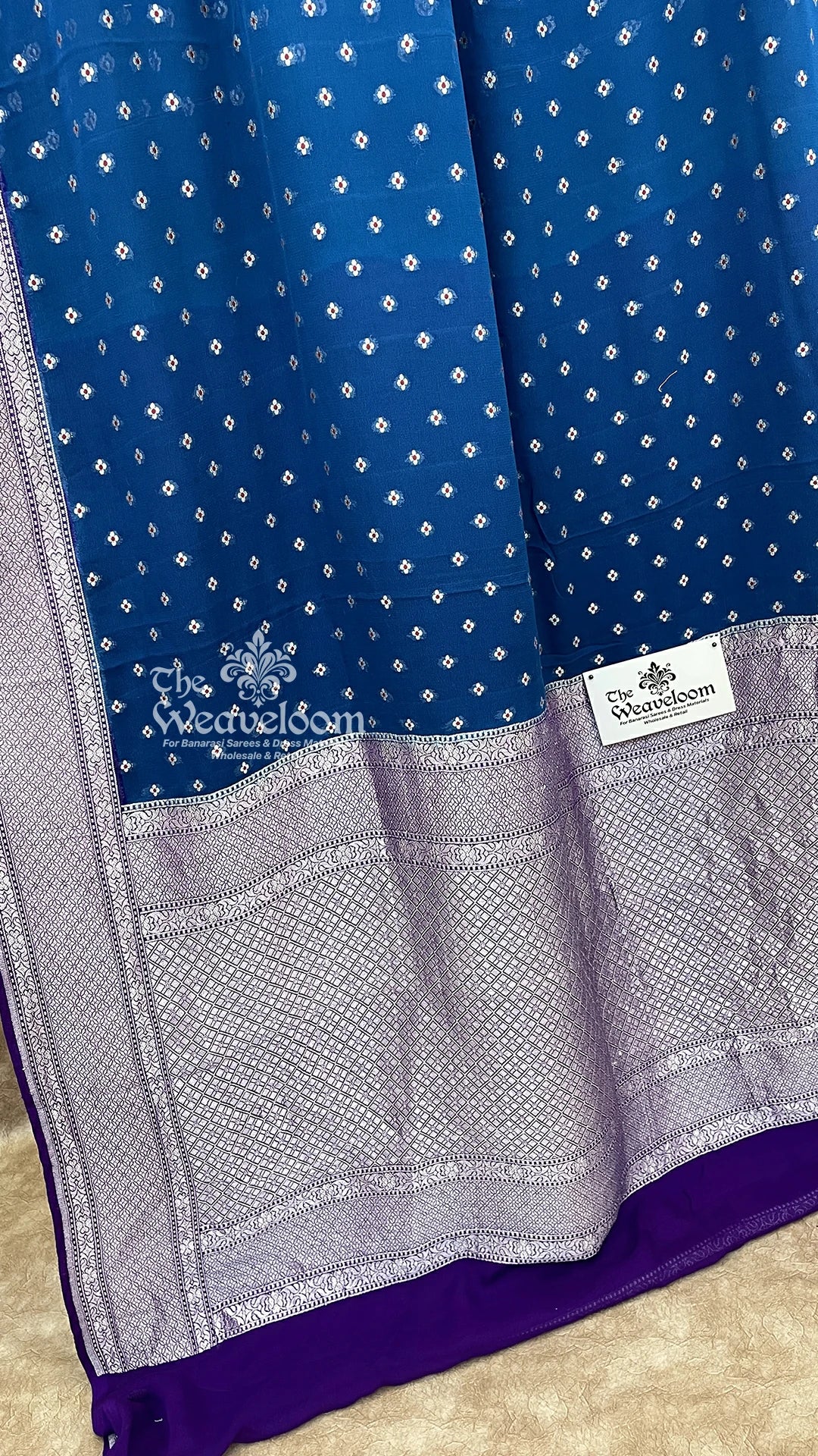 Blue contrast silver zari floral buti Khaddi Georgette pure Banarasi saree by The Weaveloom