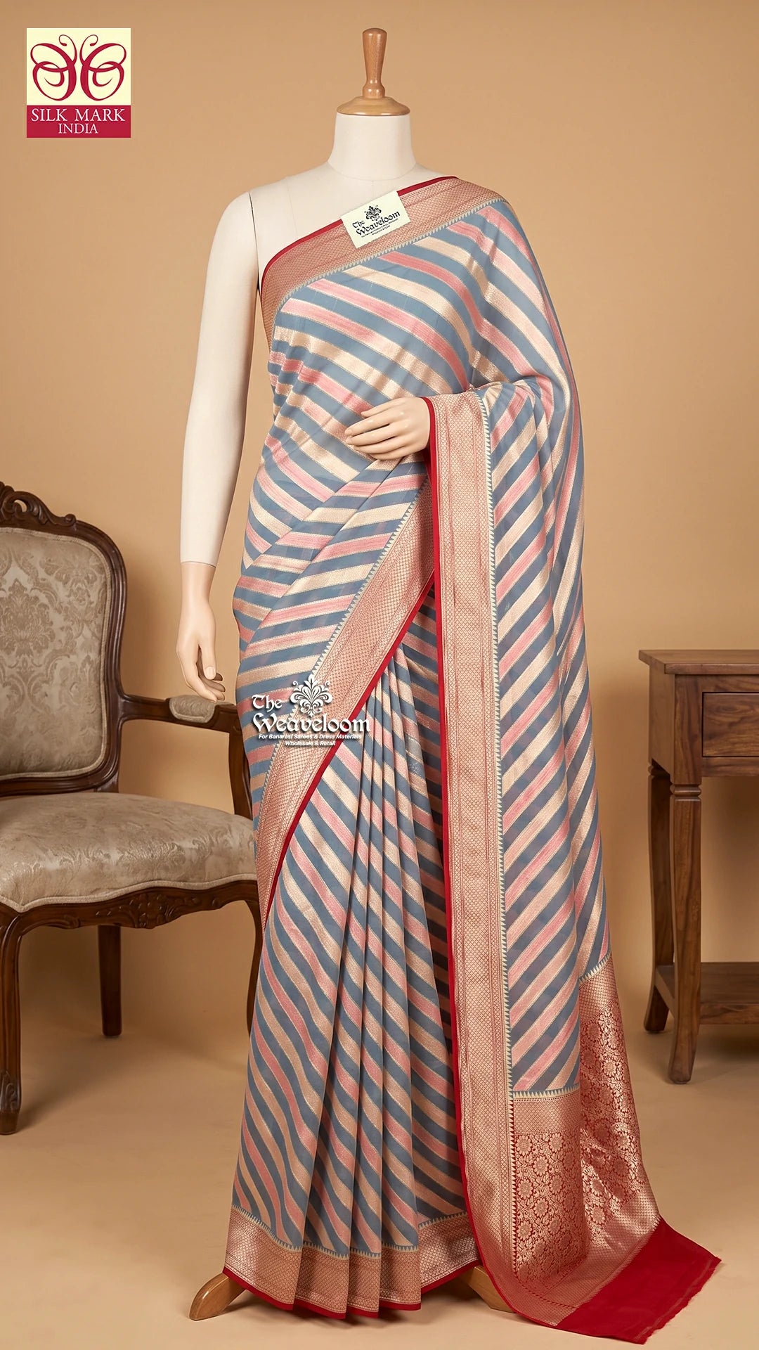 Blue diagonal stripe khaddi georgette pure Banarasi saree by The Weaveloom