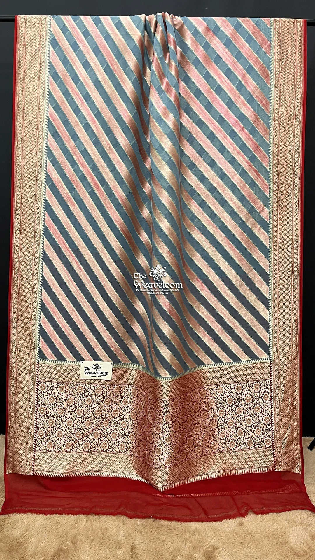 Blue diagonal stripe khaddi georgette pure Banarasi saree by The Weaveloom