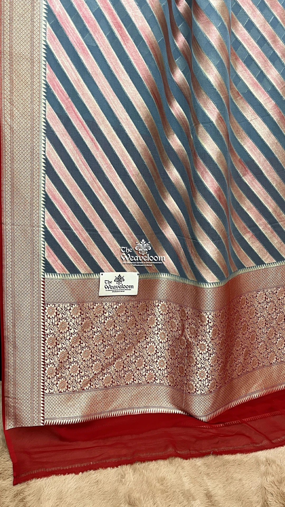 Blue diagonal stripe khaddi georgette pure Banarasi saree by The Weaveloom
