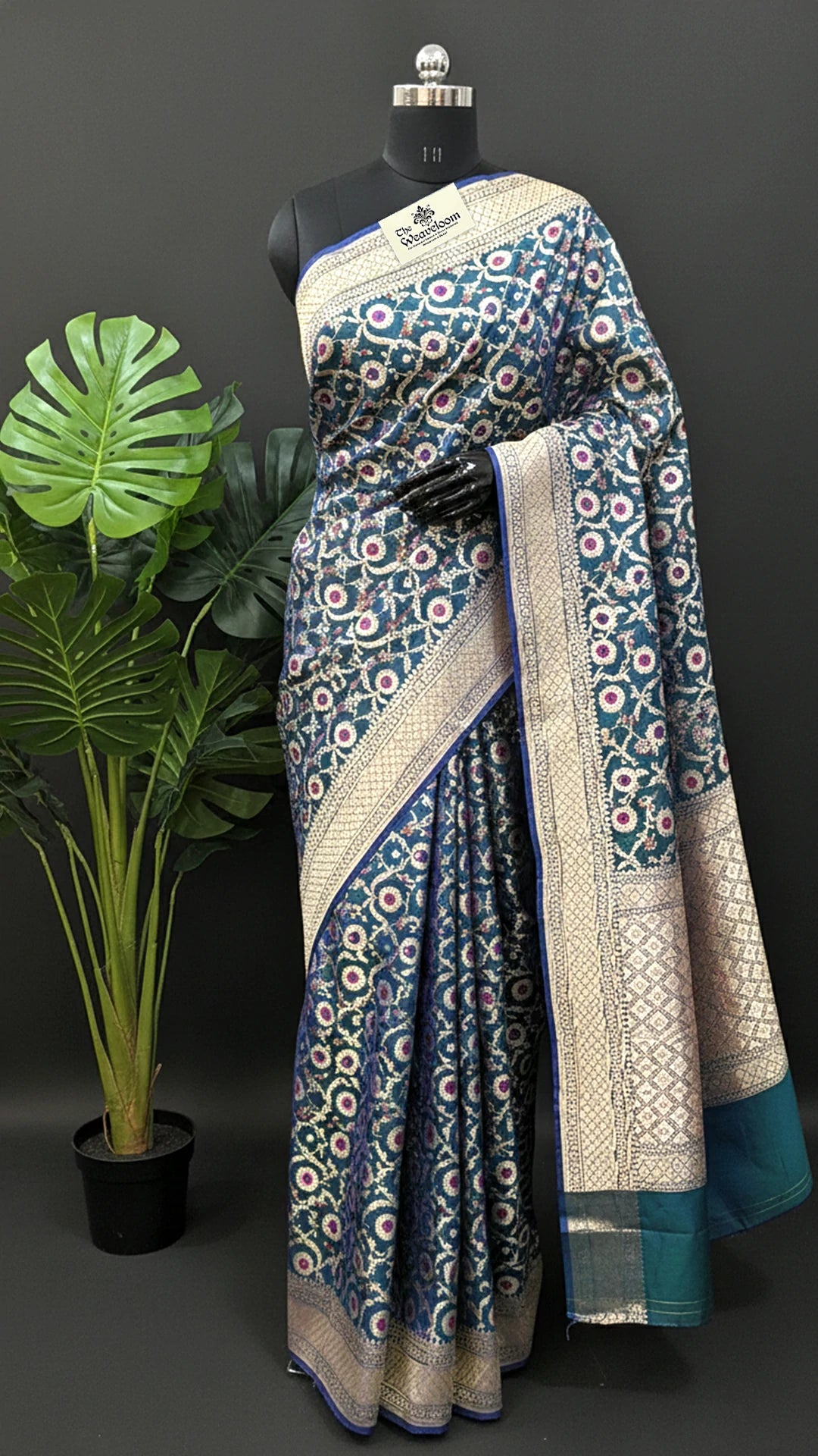 Blue Dual Tone Pure Katan Silk Banarasi Saree With Meenakari Floral Jaal And Silver Zari Border by The Weaveloom