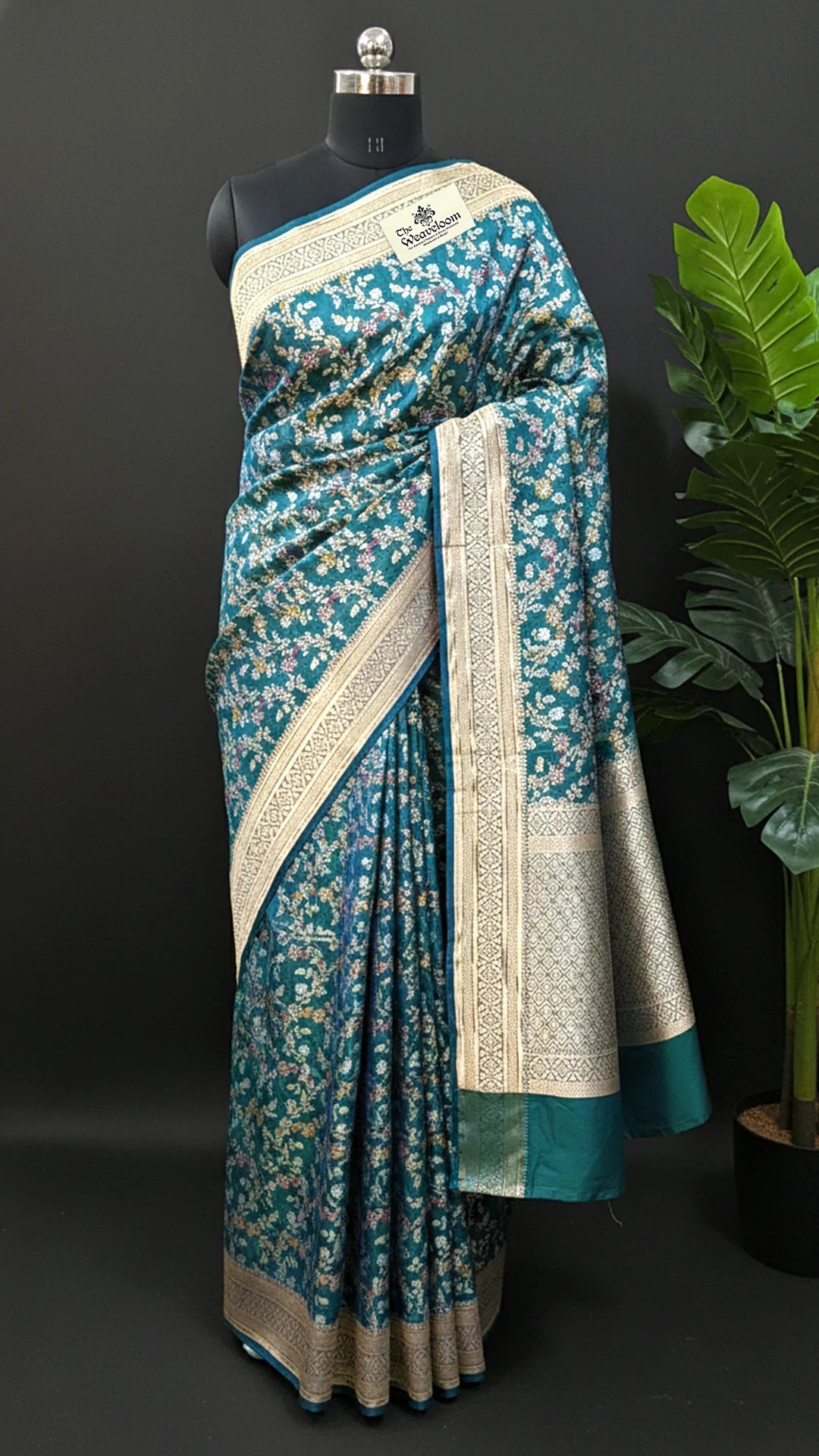 Blue dual tone pure Katan silk meenakari Banarasi saree with all-over jaal work by The Weaveloom