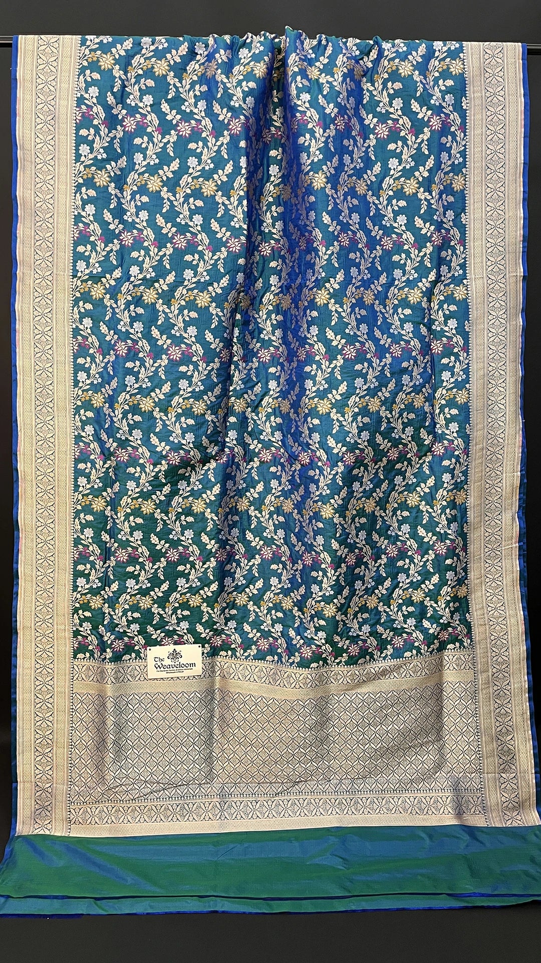 Blue dual tone pure Katan silk meenakari Banarasi saree with all-over jaal work by The Weaveloom