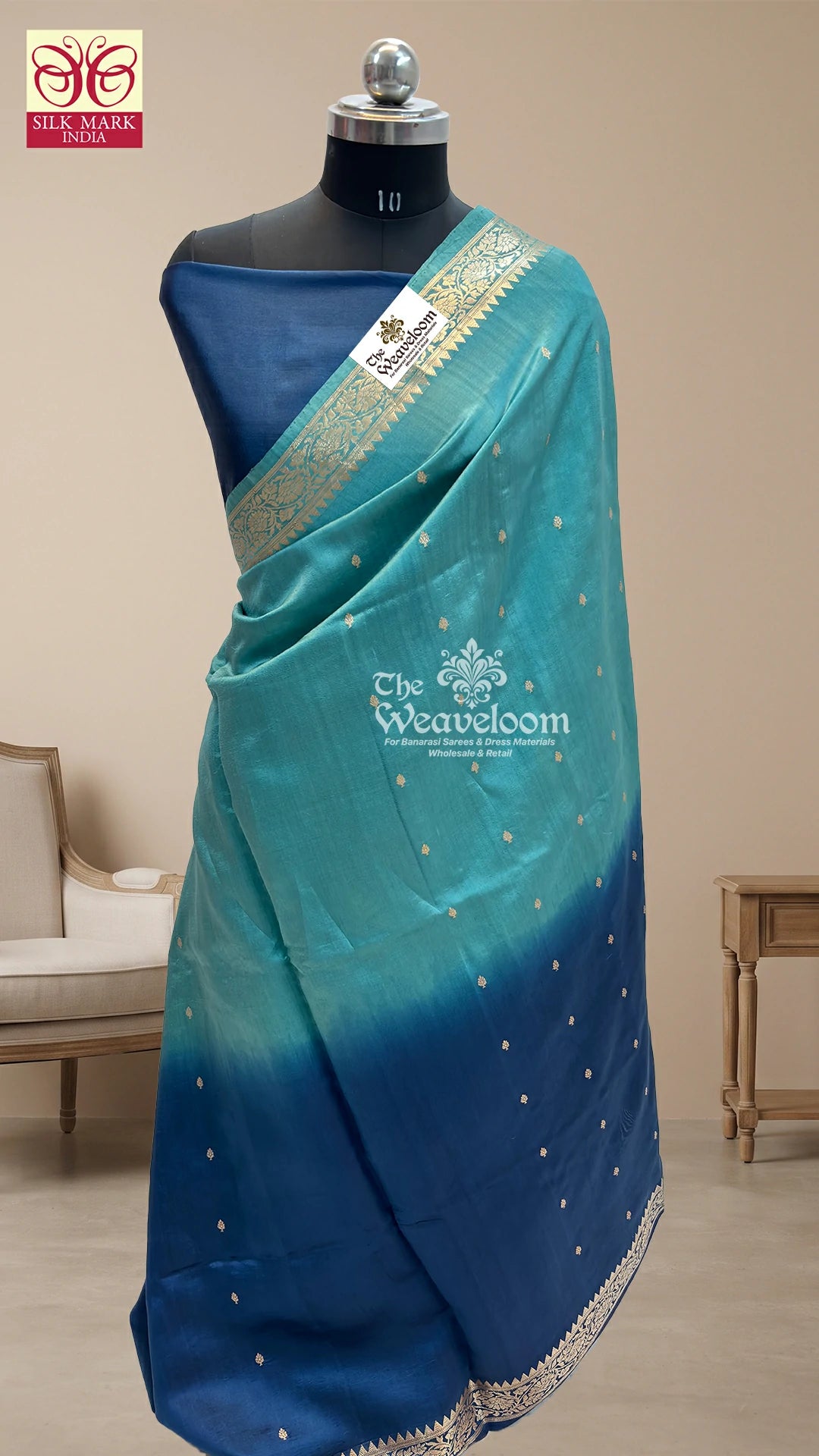 Blue and Dusty Green Dual-Shade Booti Motif Pure Banarasi Saree by The Weaveloom
