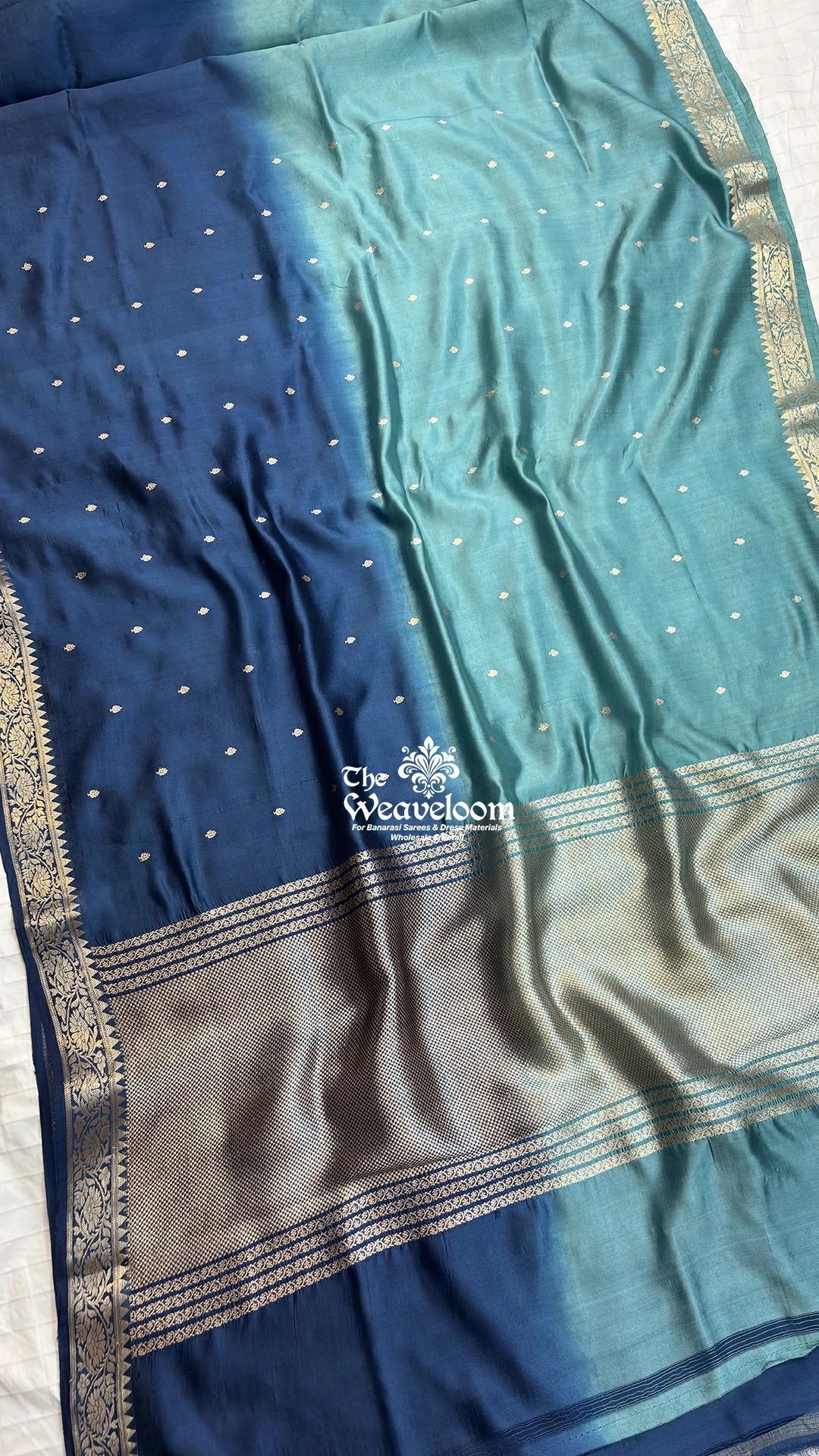 Blue and Dusty Green Dual-Shade Booti Motif Pure Banarasi Saree by The Weaveloom