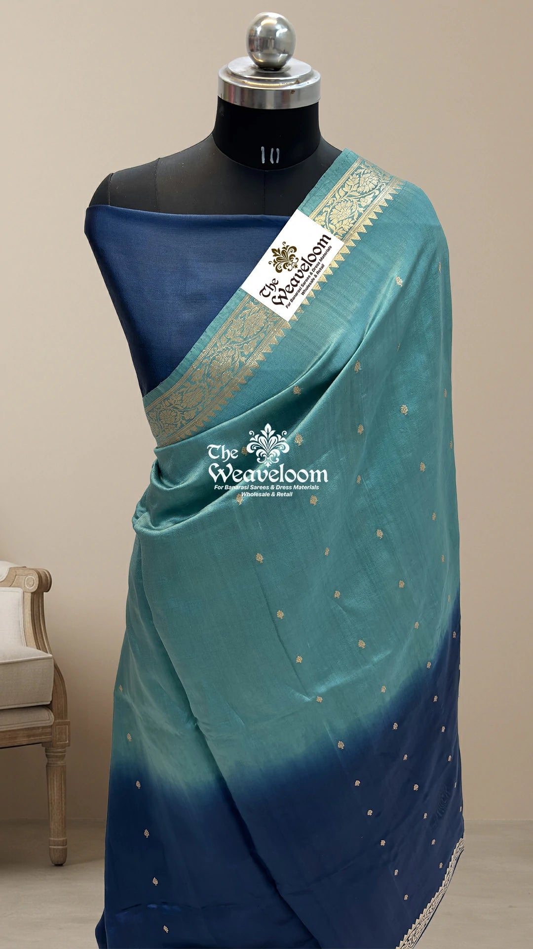 Blue and Dusty Green Dual-Shade Booti Motif Pure Banarasi Saree by The Weaveloom