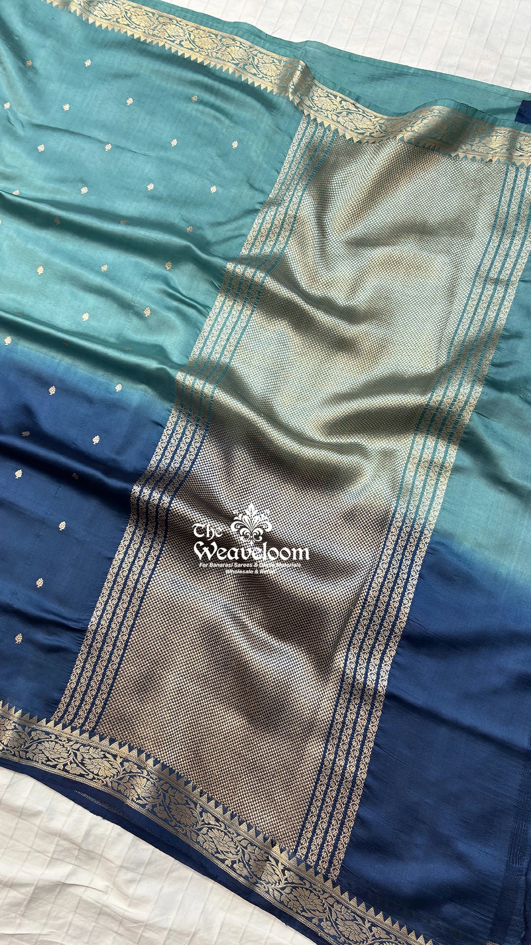 Blue and Dusty Green Dual-Shade Booti Motif Pure Banarasi Saree by The Weaveloom