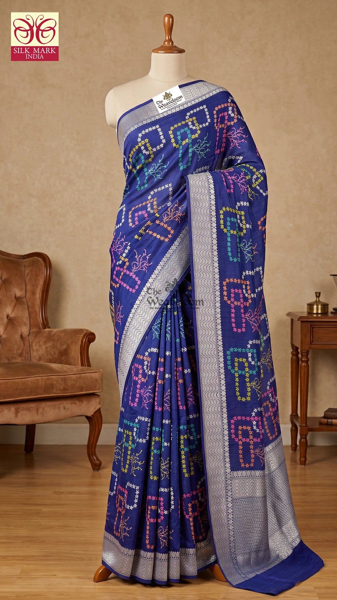 Blue Meenakari Motif Tussar Georgette Pure Banarasi Saree by The Weaveloom