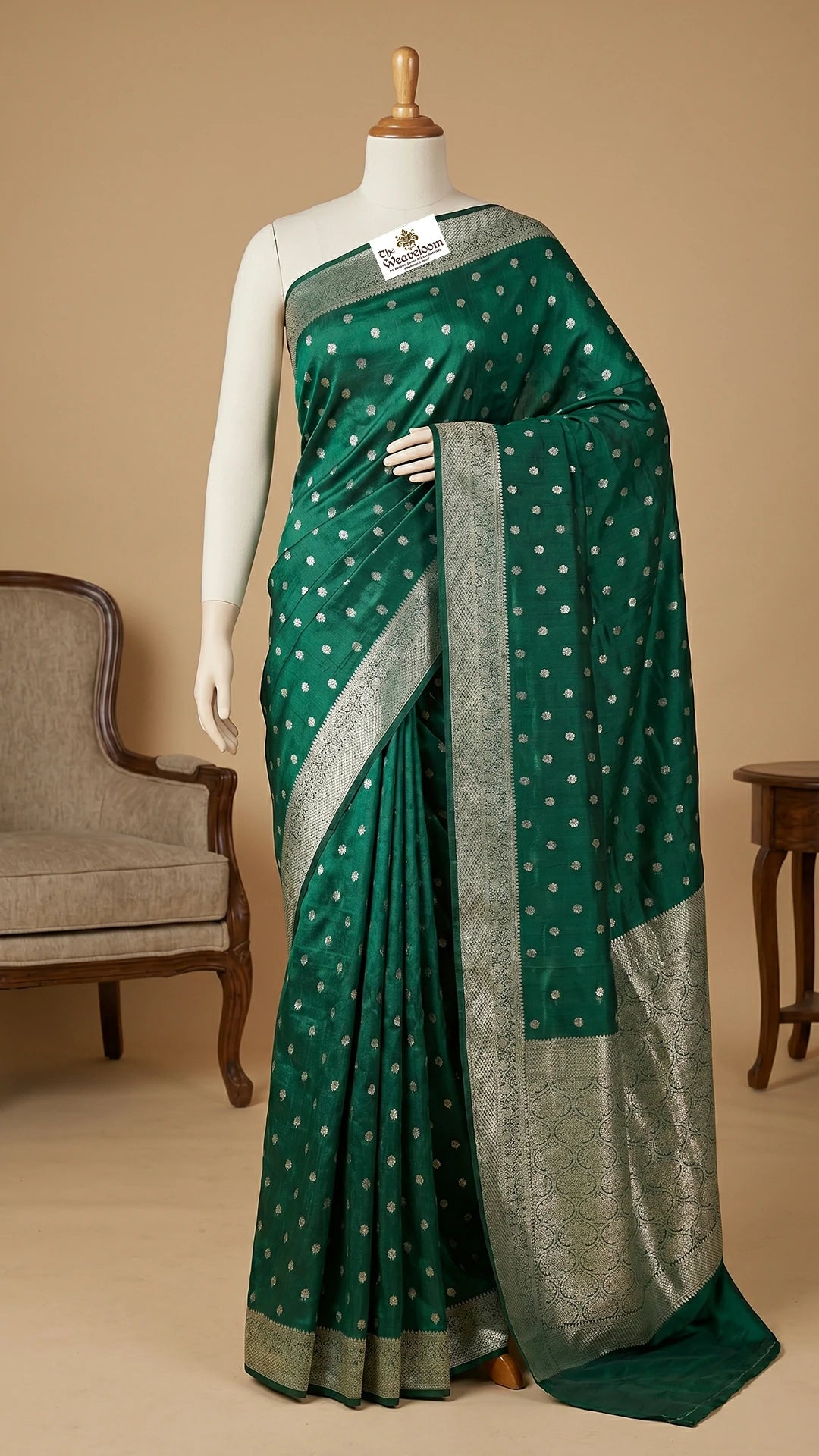 Bottle Green Pure Dupion Silk Banarasi Saree with Silver-Gold Buta and Brocade Jaal Pallu by The Weaveloom