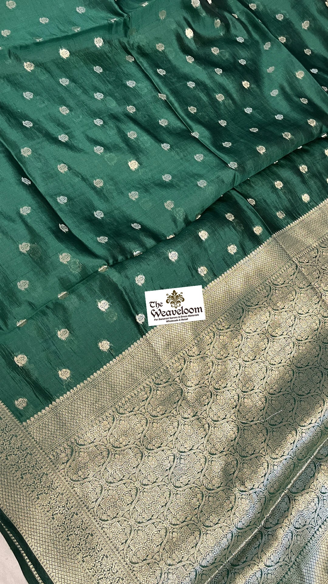 Bottle Green Pure Dupion Silk Banarasi Saree with Silver-Gold Buta and Brocade Jaal Pallu by The Weaveloom