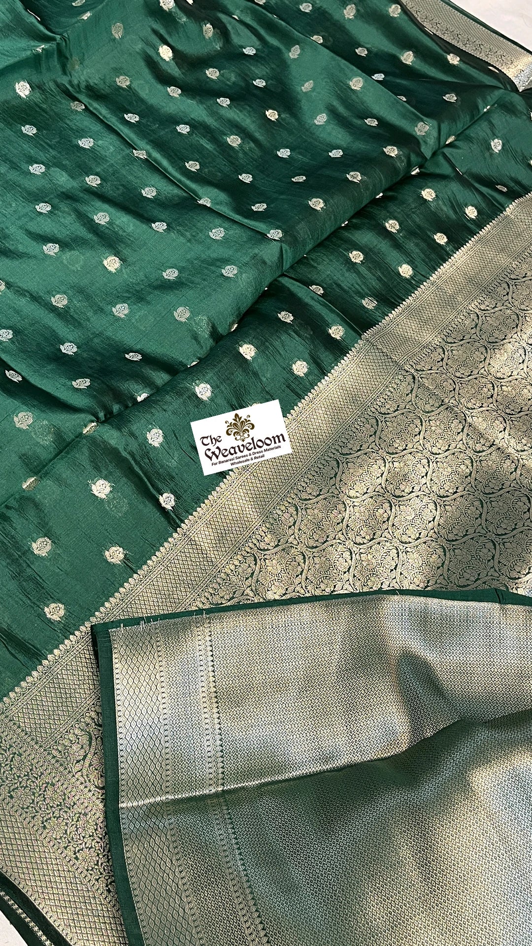 Bottle Green Pure Dupion Silk Banarasi Saree with Silver-Gold Buta and Brocade Jaal Pallu by The Weaveloom