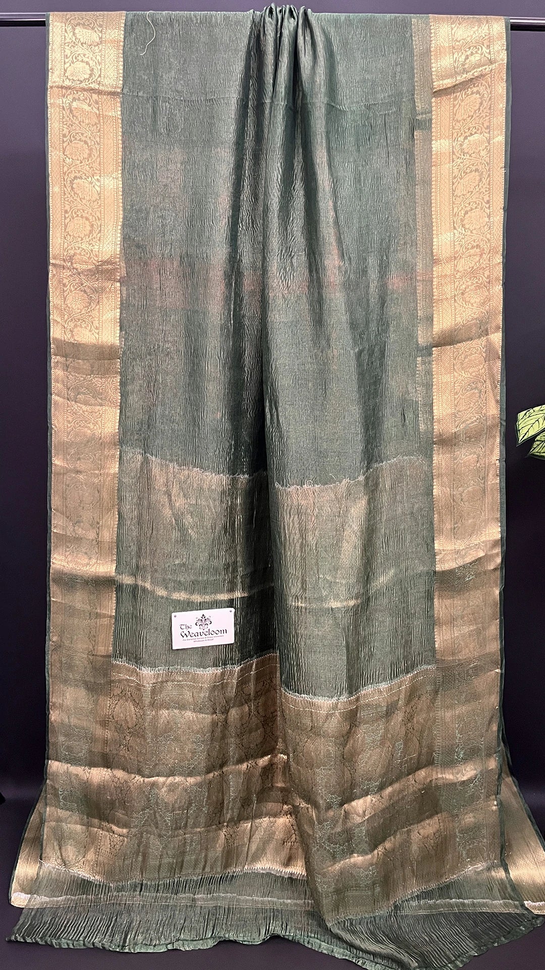 Bottle Green Crush Tissue Silk Pure Banarasi Saree with Gold Zari Border - The Weaveloom