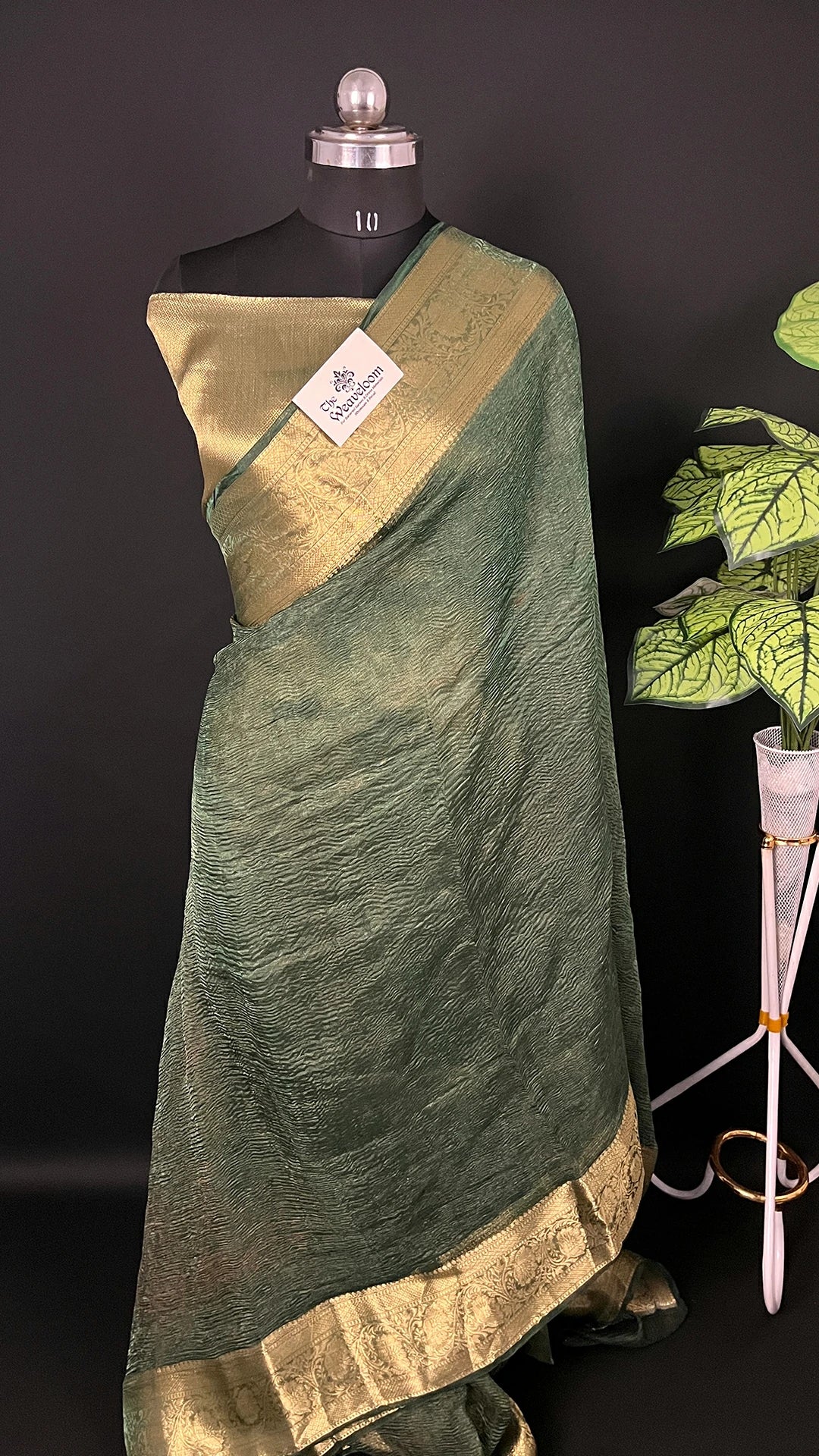 Bottle Green Crush Tissue Silk Pure Banarasi Saree with Gold Zari Border - The Weaveloom