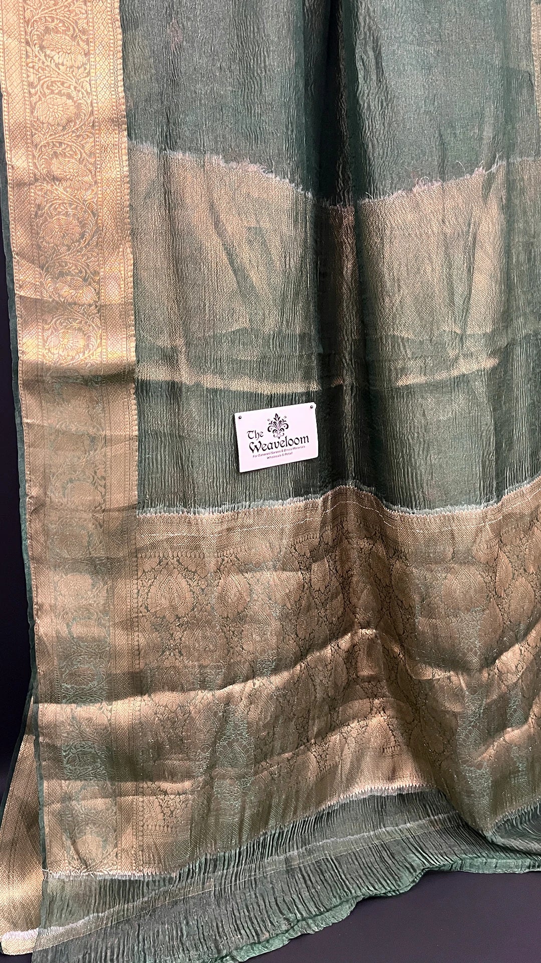 Bottle Green Crush Tissue Silk Pure Banarasi Saree with Gold Zari Border - The Weaveloom