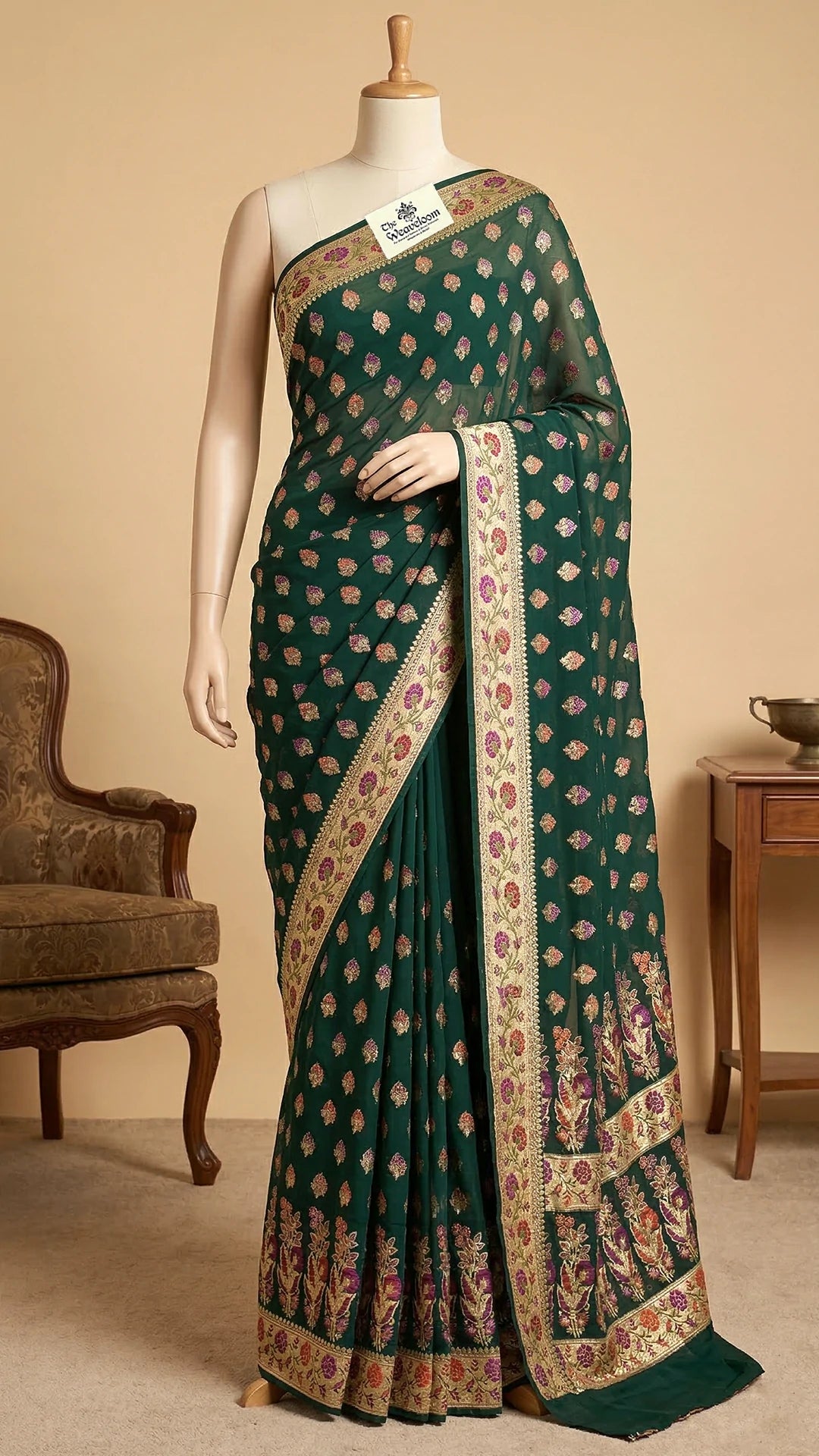 Bottle Green Floral Buta Crepe Georgette Pure Banarasi Saree with Meenakari Border by The Weaveloom