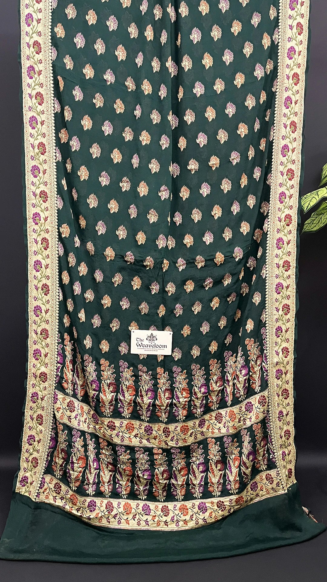 Bottle Green Floral Buta Crepe Georgette Pure Banarasi Saree with Meenakari Border by The Weaveloom