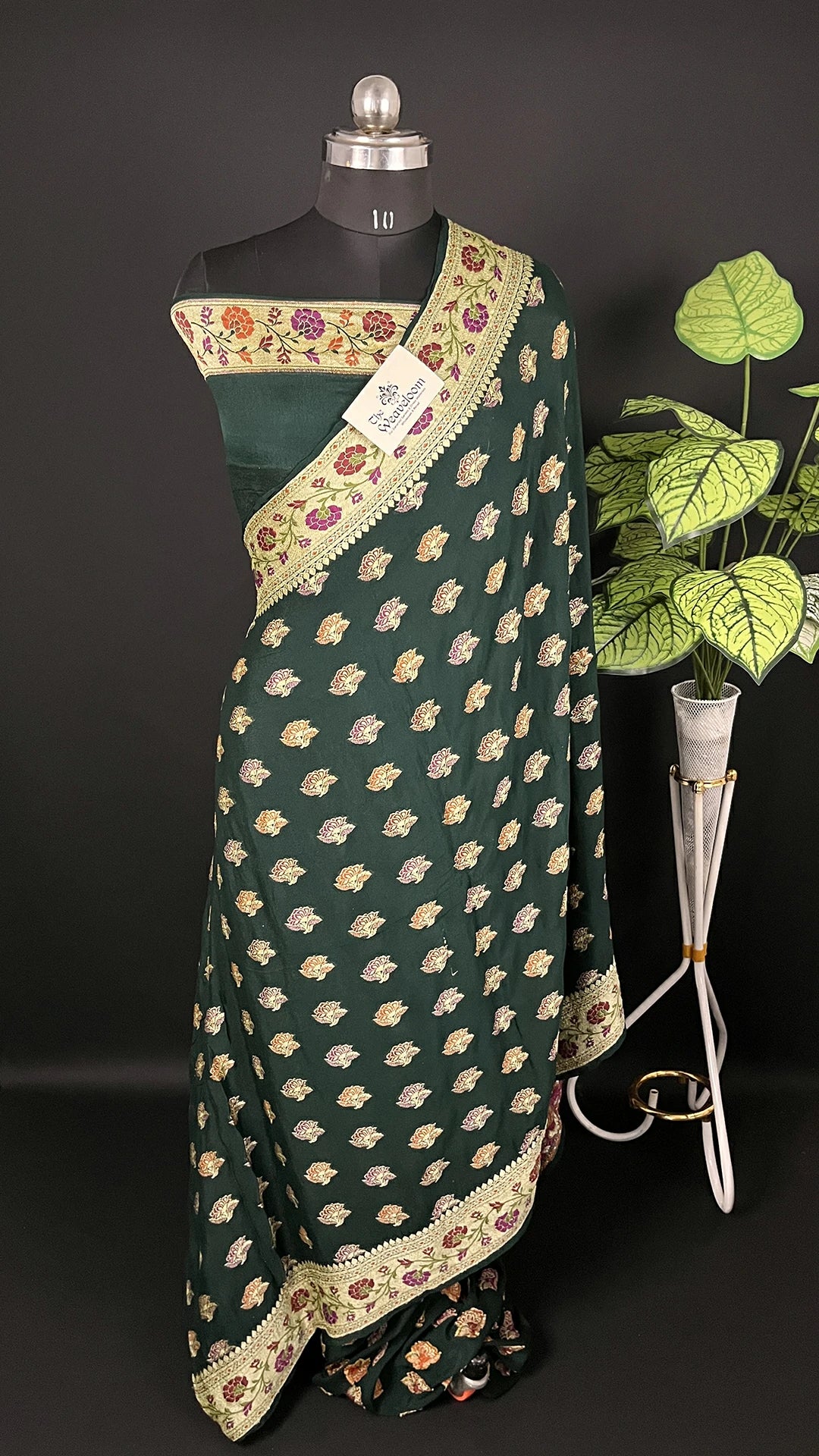 Bottle Green Floral Buta Crepe Georgette Pure Banarasi Saree with Meenakari Border by The Weaveloom