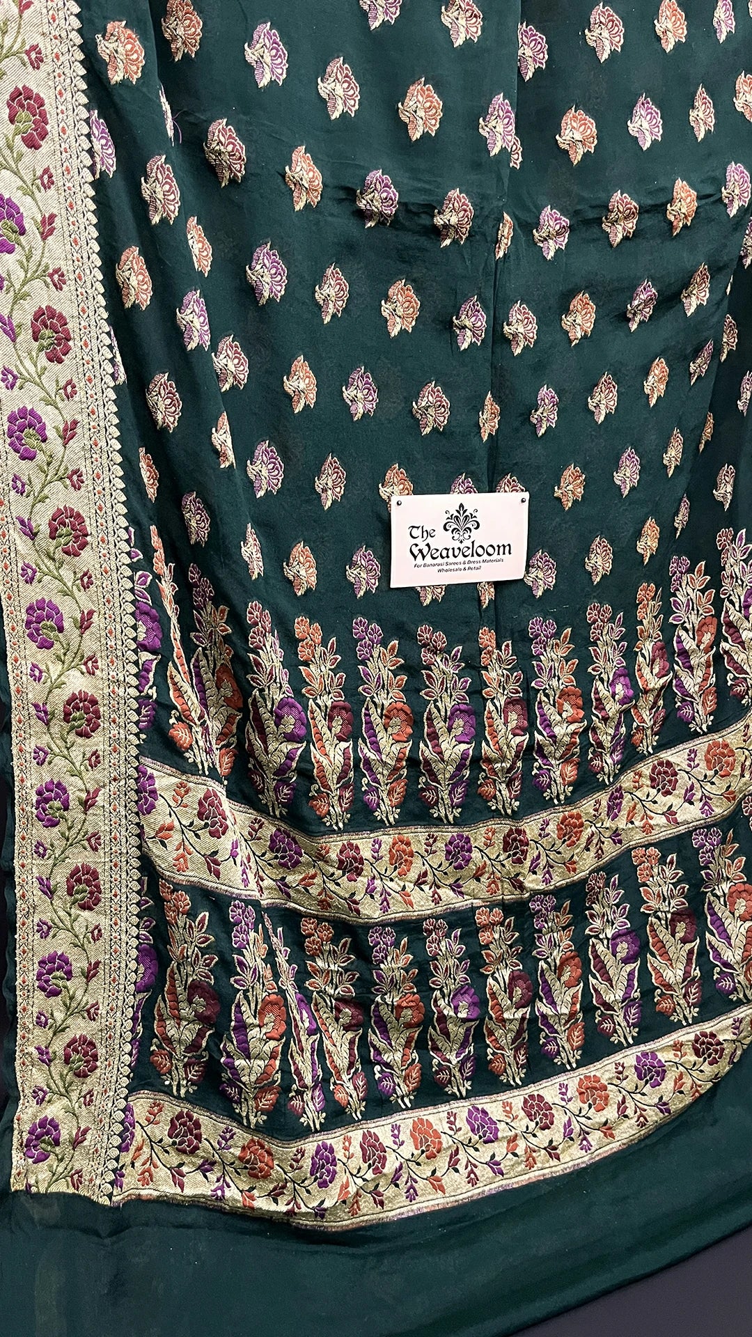 Bottle Green Floral Buta Crepe Georgette Pure Banarasi Saree with Meenakari Border by The Weaveloom