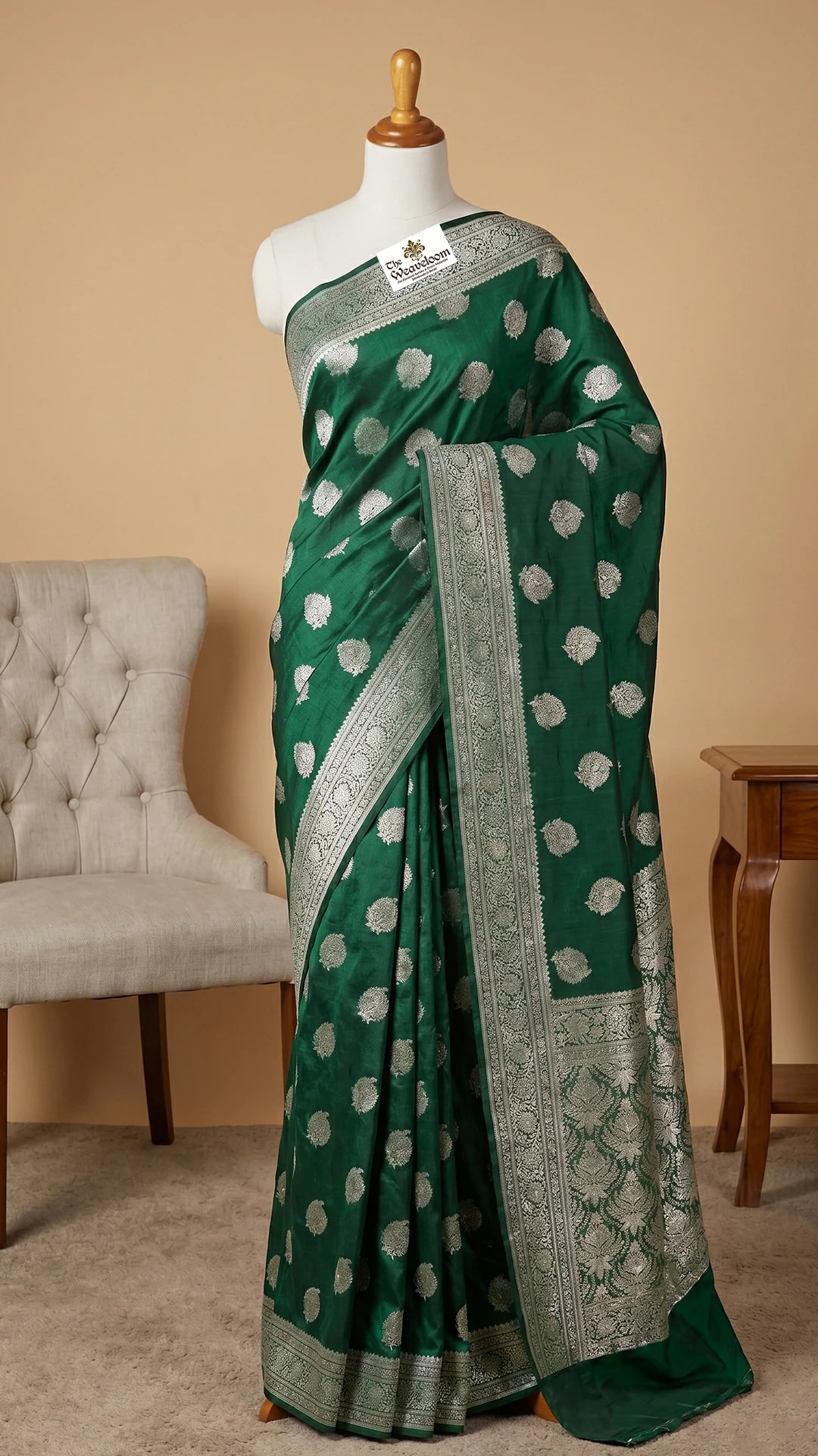 Bottle Green Pure Dupion Silk Banarasi Saree with Silver Floral Buti and Jaal Pallu by The Weaveloom