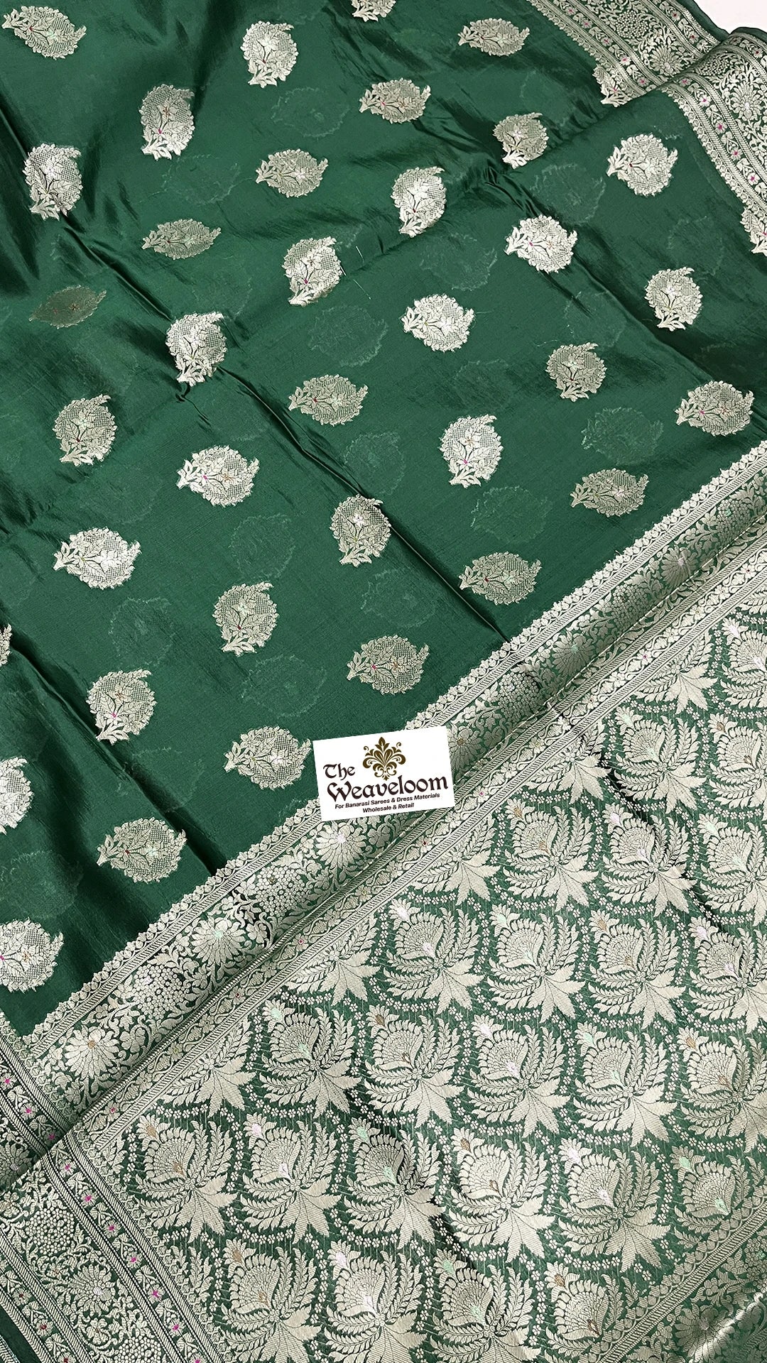 Bottle Green Pure Dupion Silk Banarasi Saree with Silver Floral Buti and Jaal Pallu by The Weaveloom