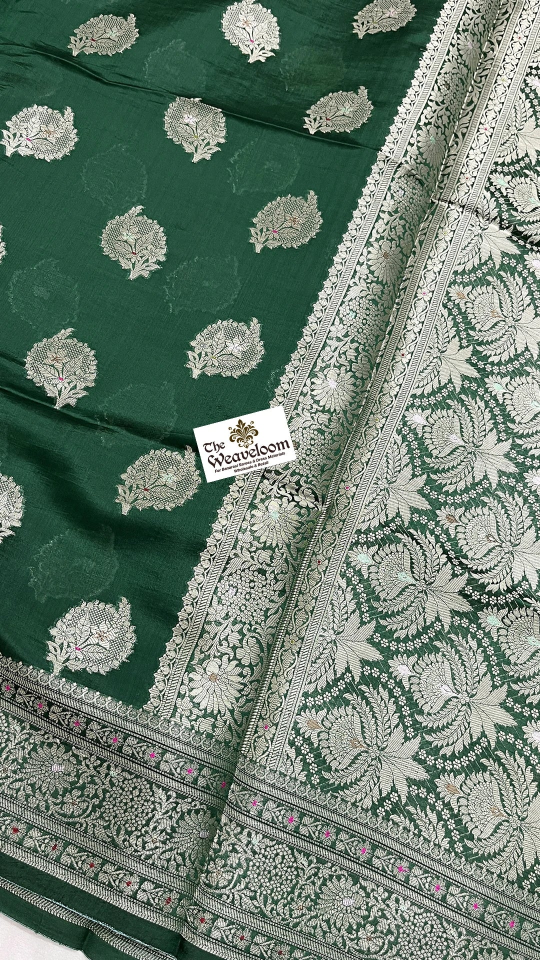 Bottle Green Pure Dupion Silk Banarasi Saree with Silver Floral Buti and Jaal Pallu by The Weaveloom