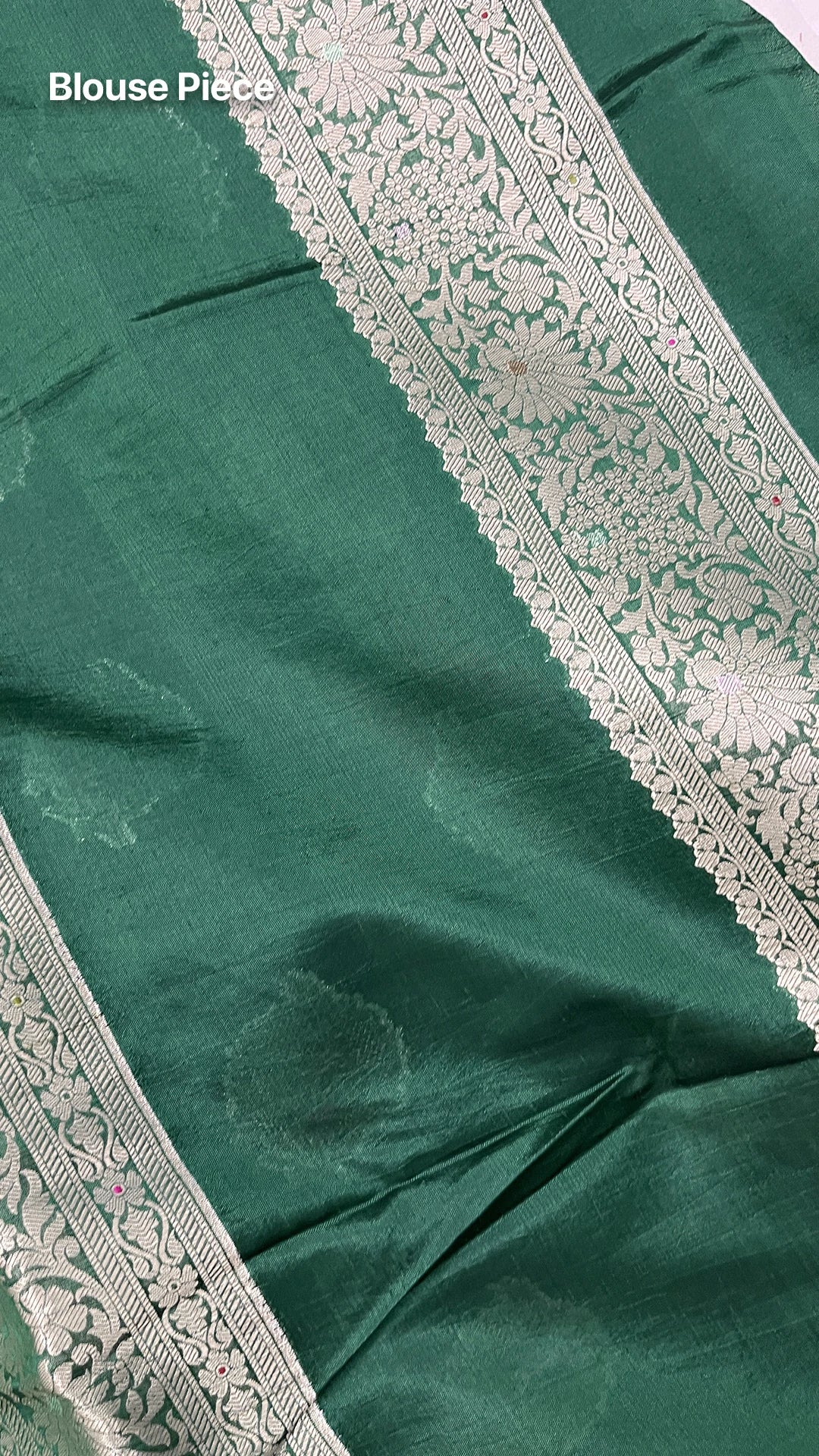 Bottle Green Pure Dupion Silk Banarasi Saree with Silver Floral Buti and Jaal Pallu by The Weaveloom