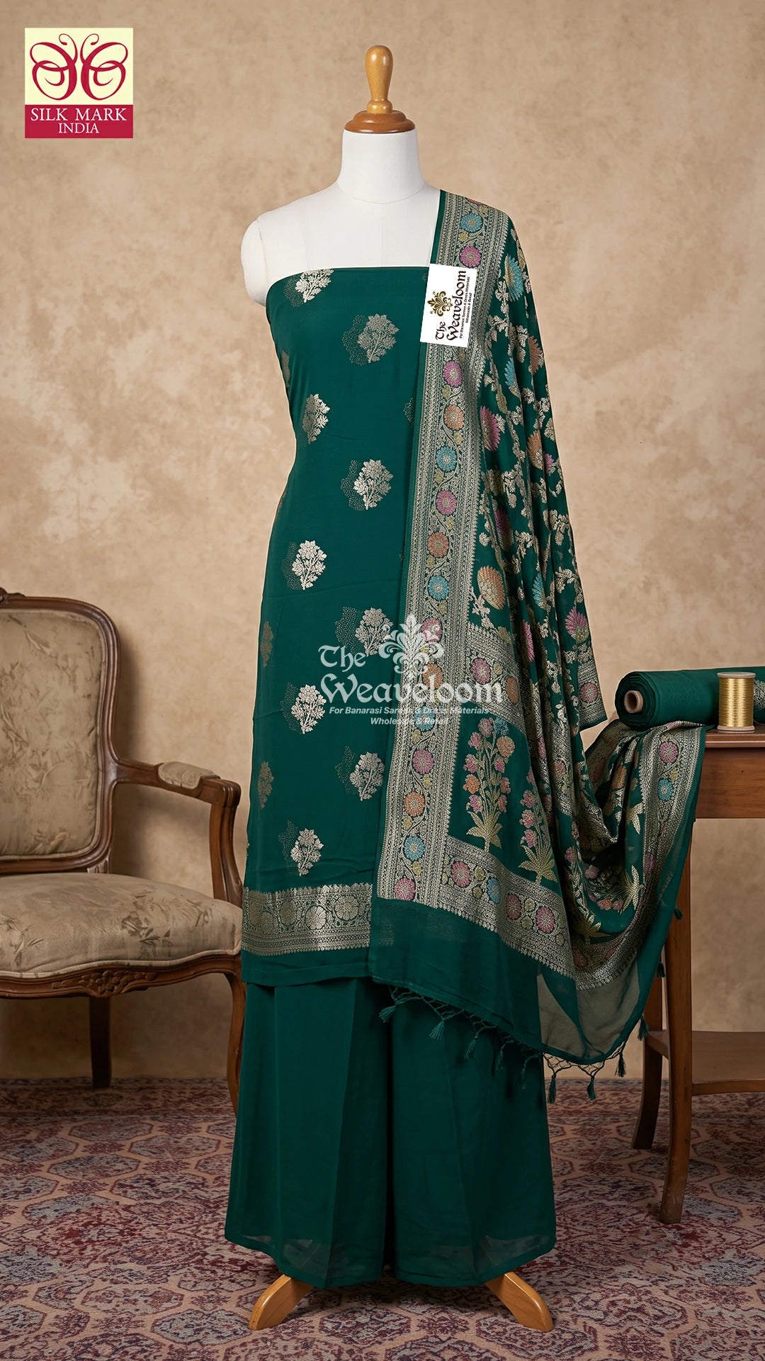 Bottle Green floral buti Khaddi Georgette Pure Banarasi Dress Material with handbrushed water zari by The Weaveloom