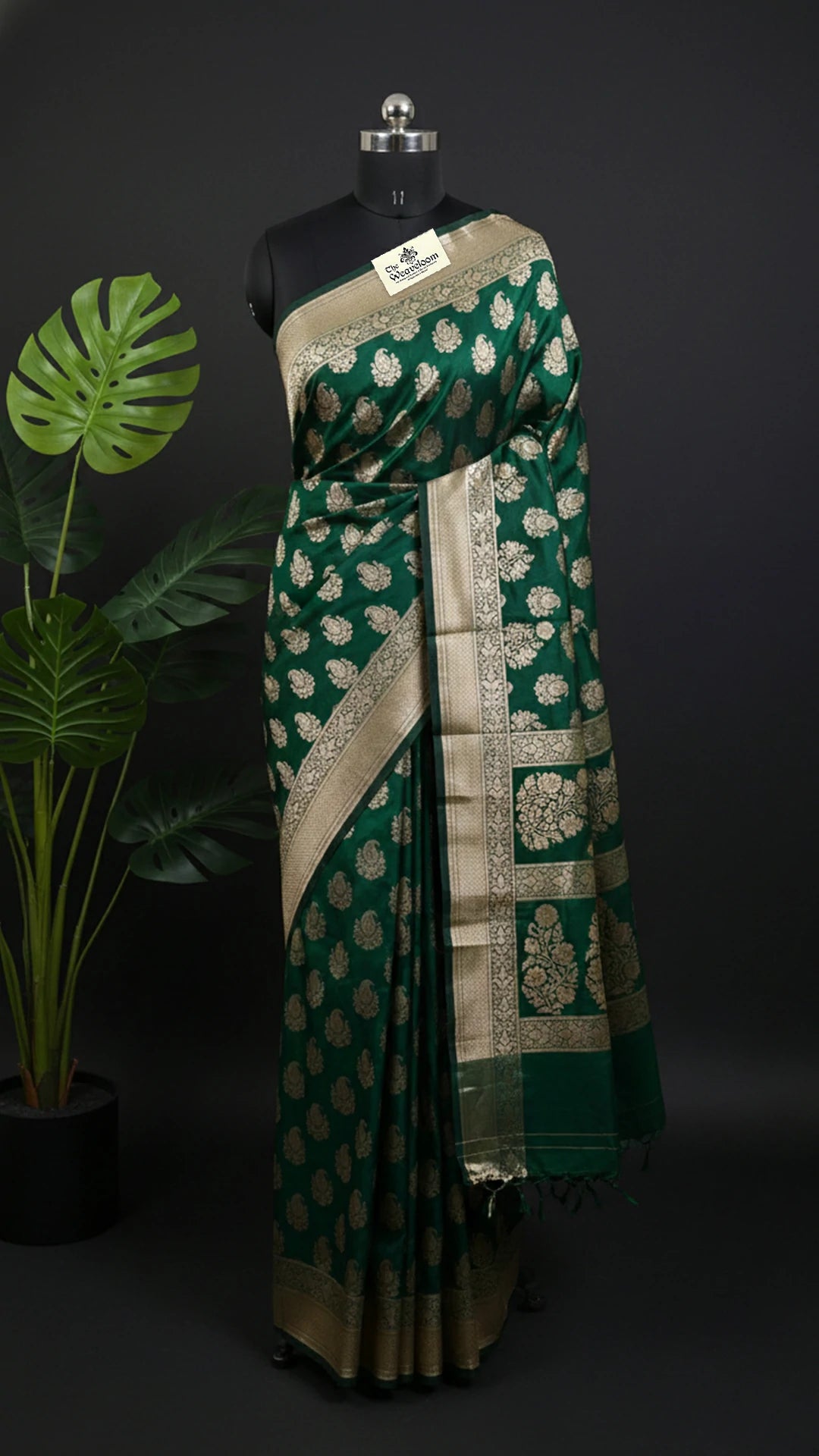 Bottle Green Katan Silk Pure Banarasi Saree with Silver Zari Paisley Motifs by The Weaveloom