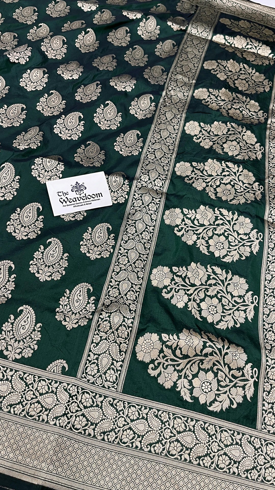 Bottle Green Katan Silk Pure Banarasi Saree with Silver Zari Paisley Motifs by The Weaveloom